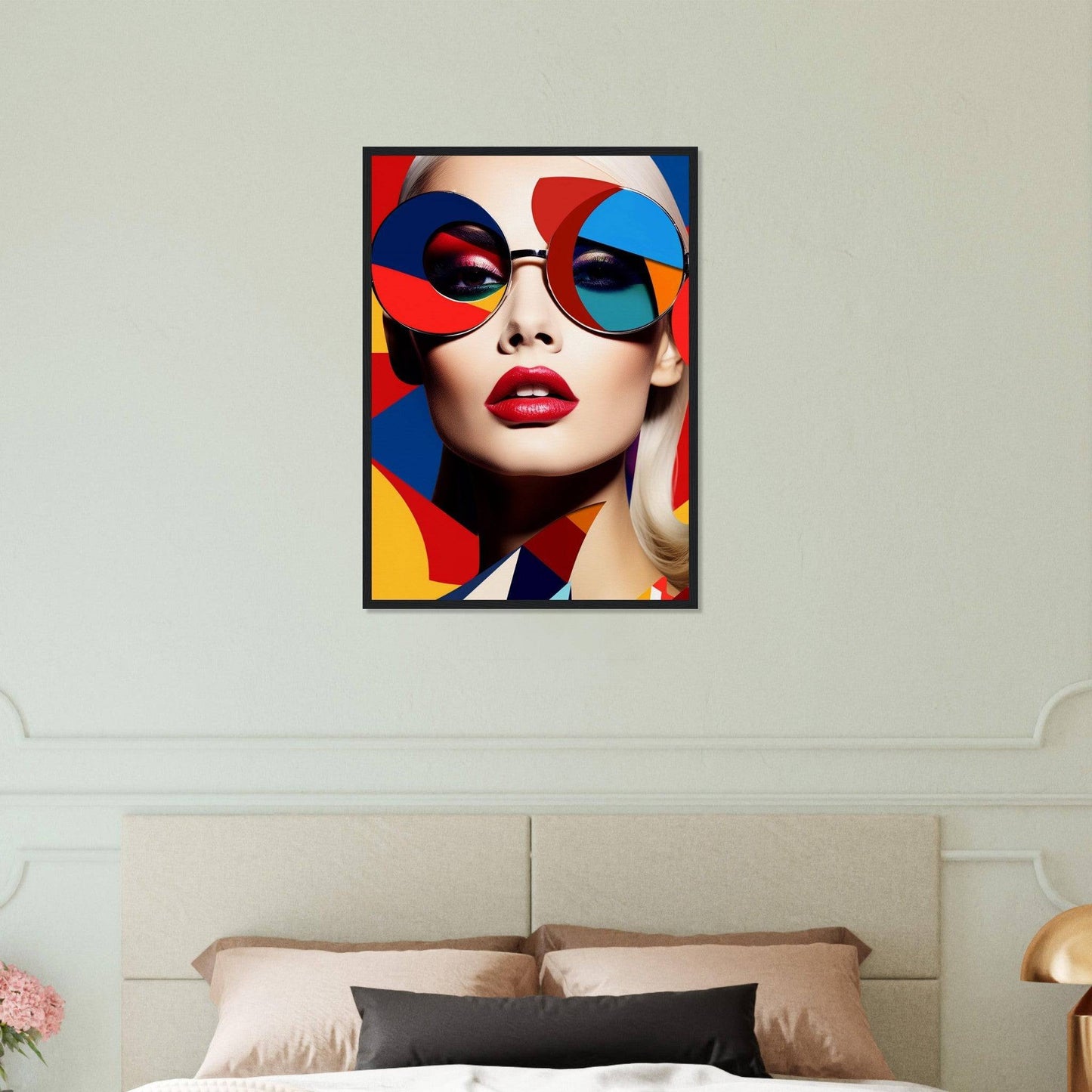 Colorful pop art-style portrait of a woman wearing oversized sunglasses with red lips.