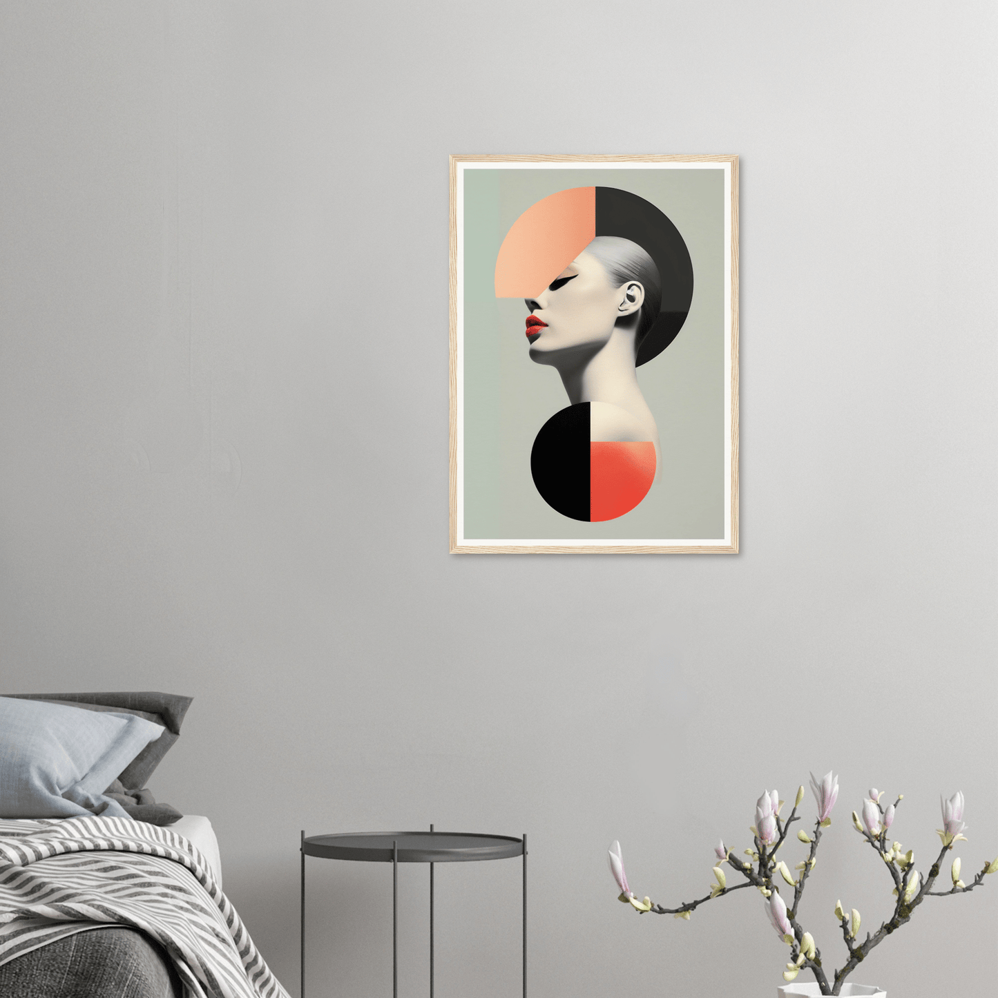 Abstract portrait featuring geometric shapes and a minimalist profile against a pale background.