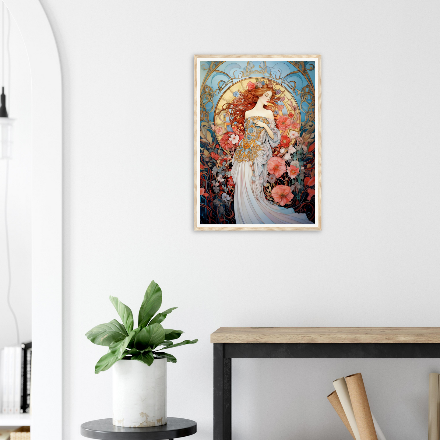 Art Nouveau-style painting of a woman surrounded by flowers in an ornate frame.