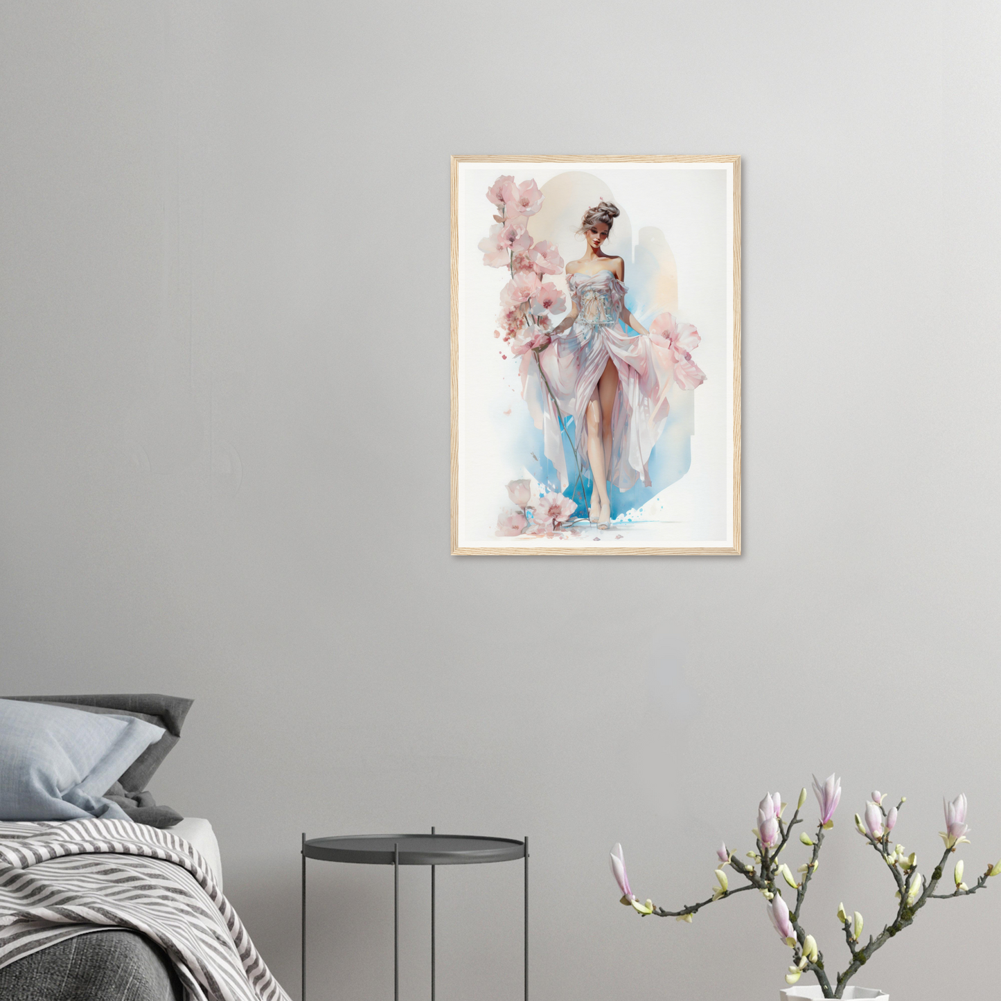 Framed watercolor painting of a graceful ballerina in a flowing pink dress.