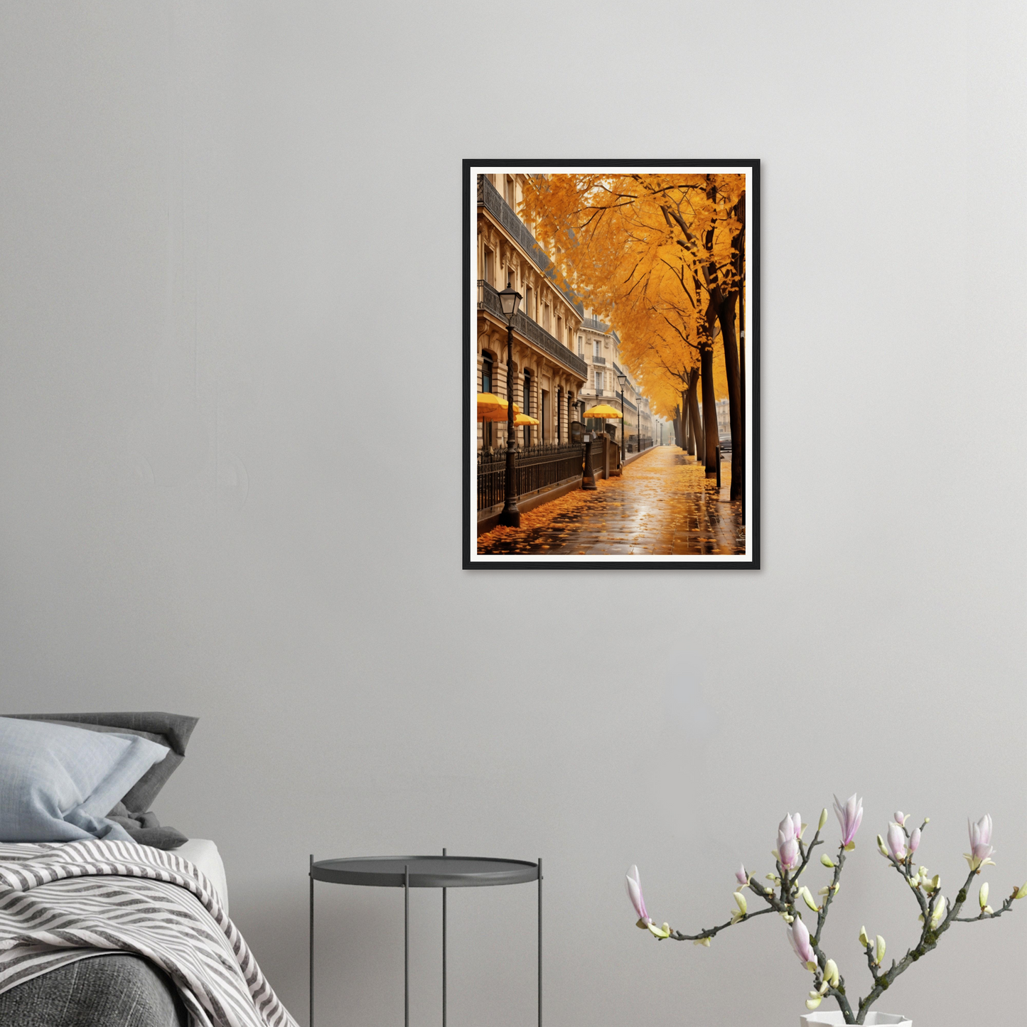 A framed photograph of a street in the city