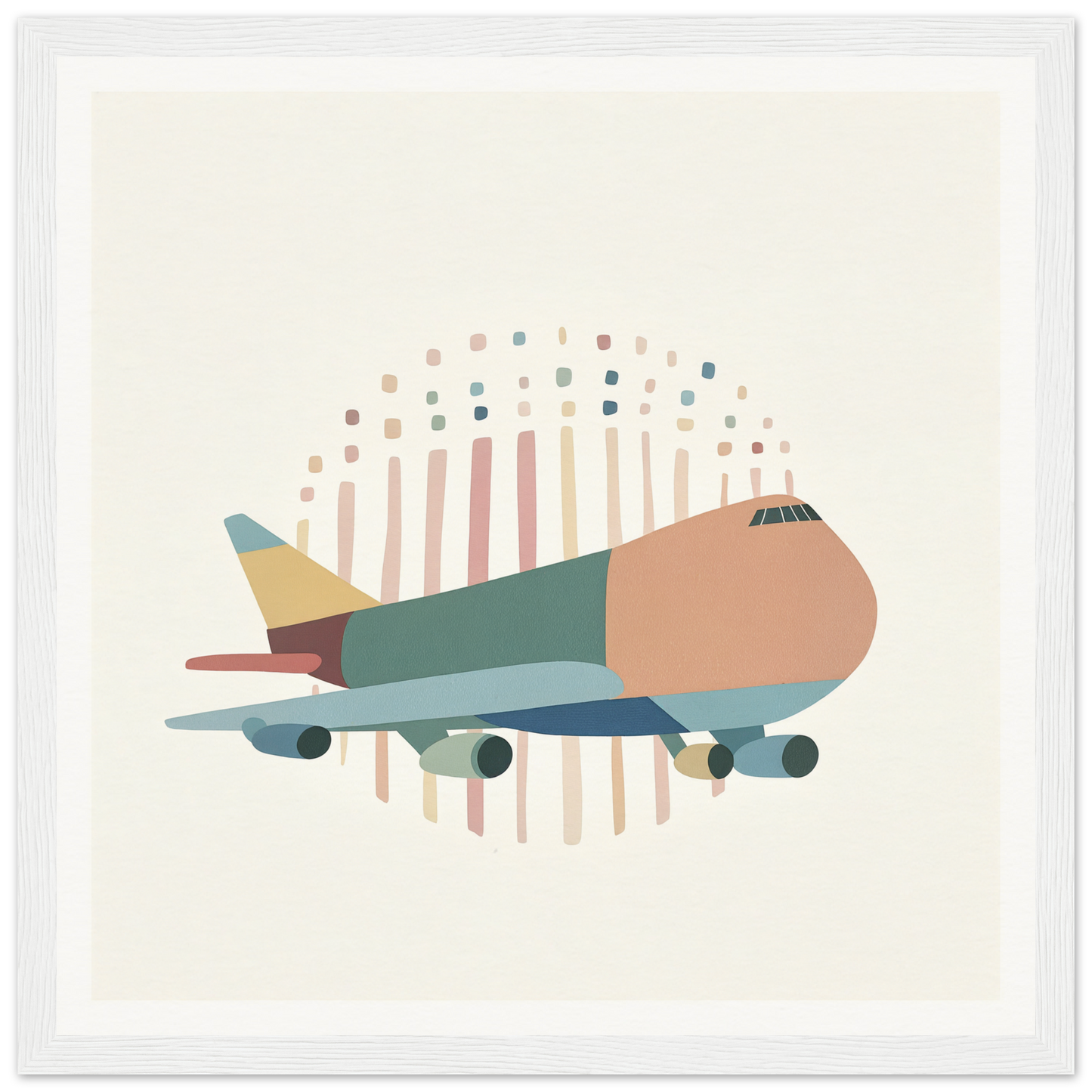 Stylized passenger aircraft in muted green, peach, and blue from Aero Waves Reverie