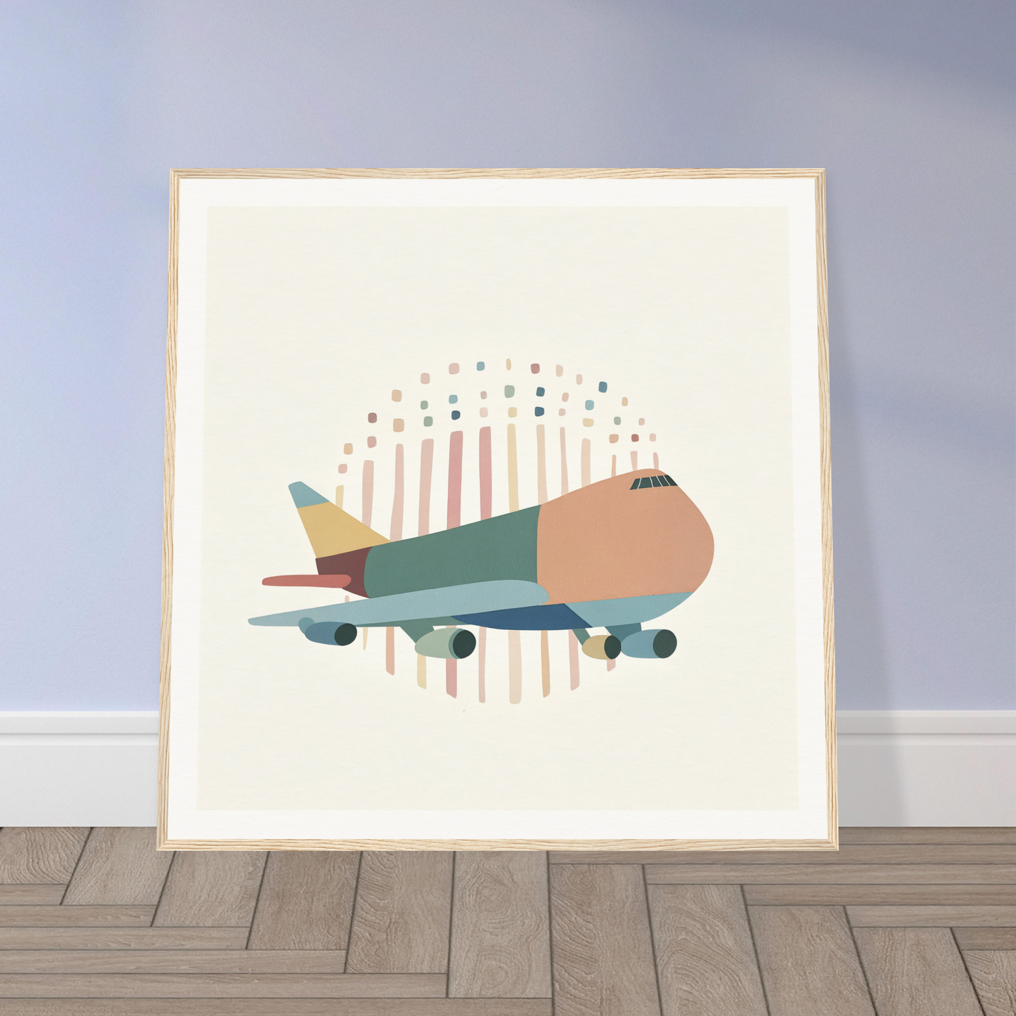 Stylized geometric airplane illustration for Aero Waves Reverie in muted tones