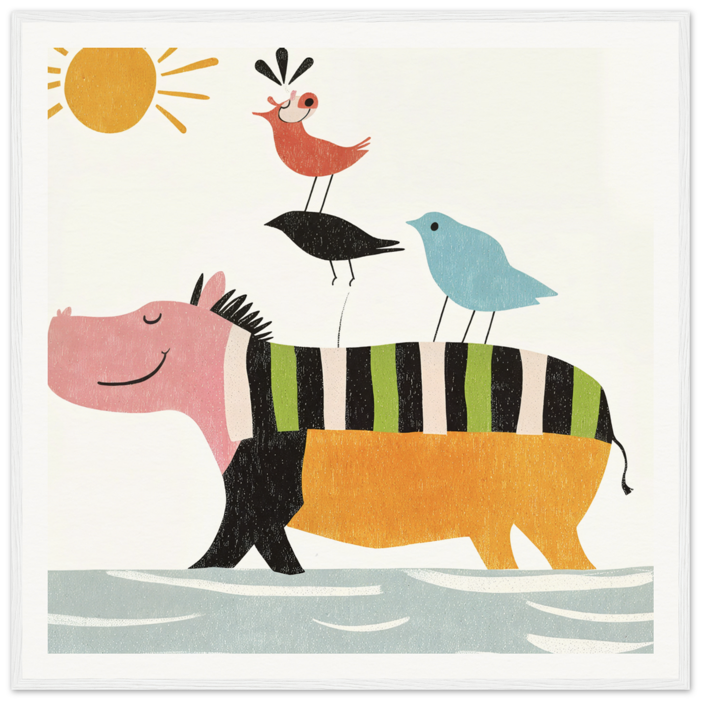 Pink and yellow striped hippopotamus with birds on its back in Aesthetic Animal Symphony