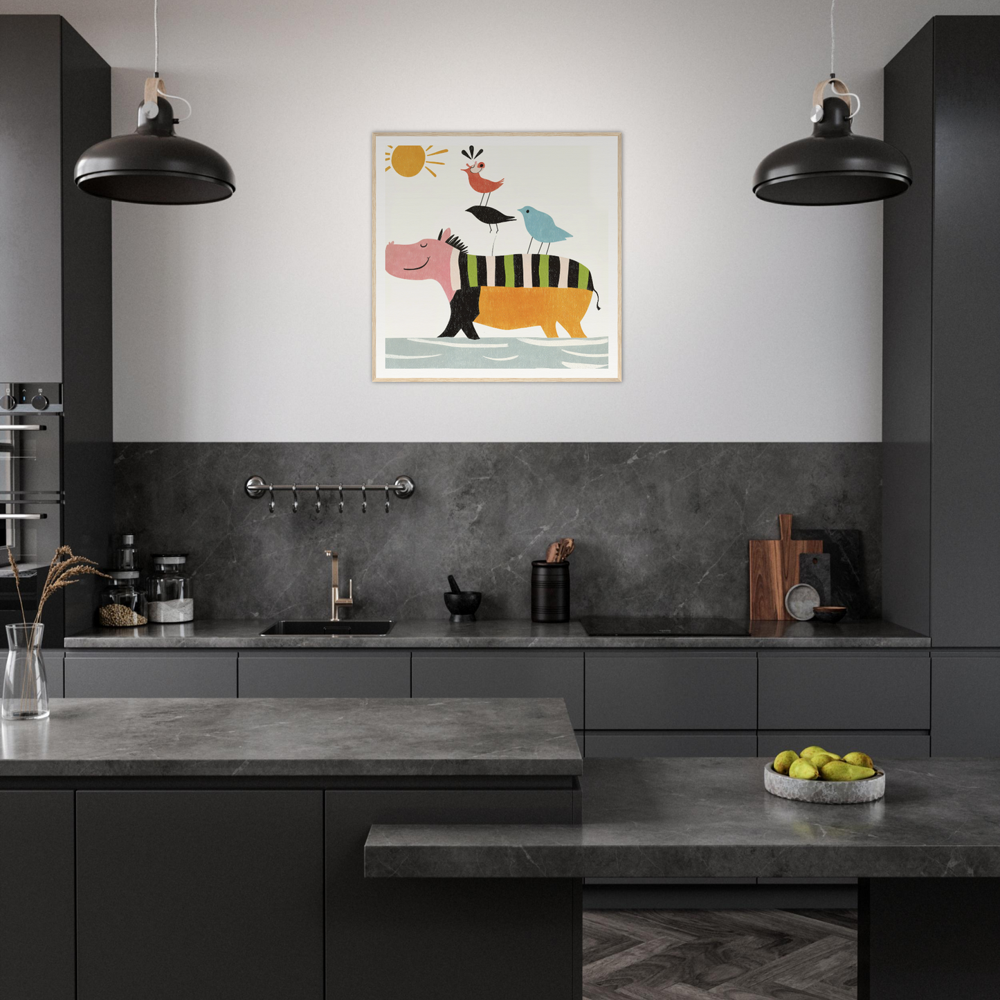 Modern dark kitchen featuring minimalist design and whimsical animal artwork, Aesthetic Animal Symphony