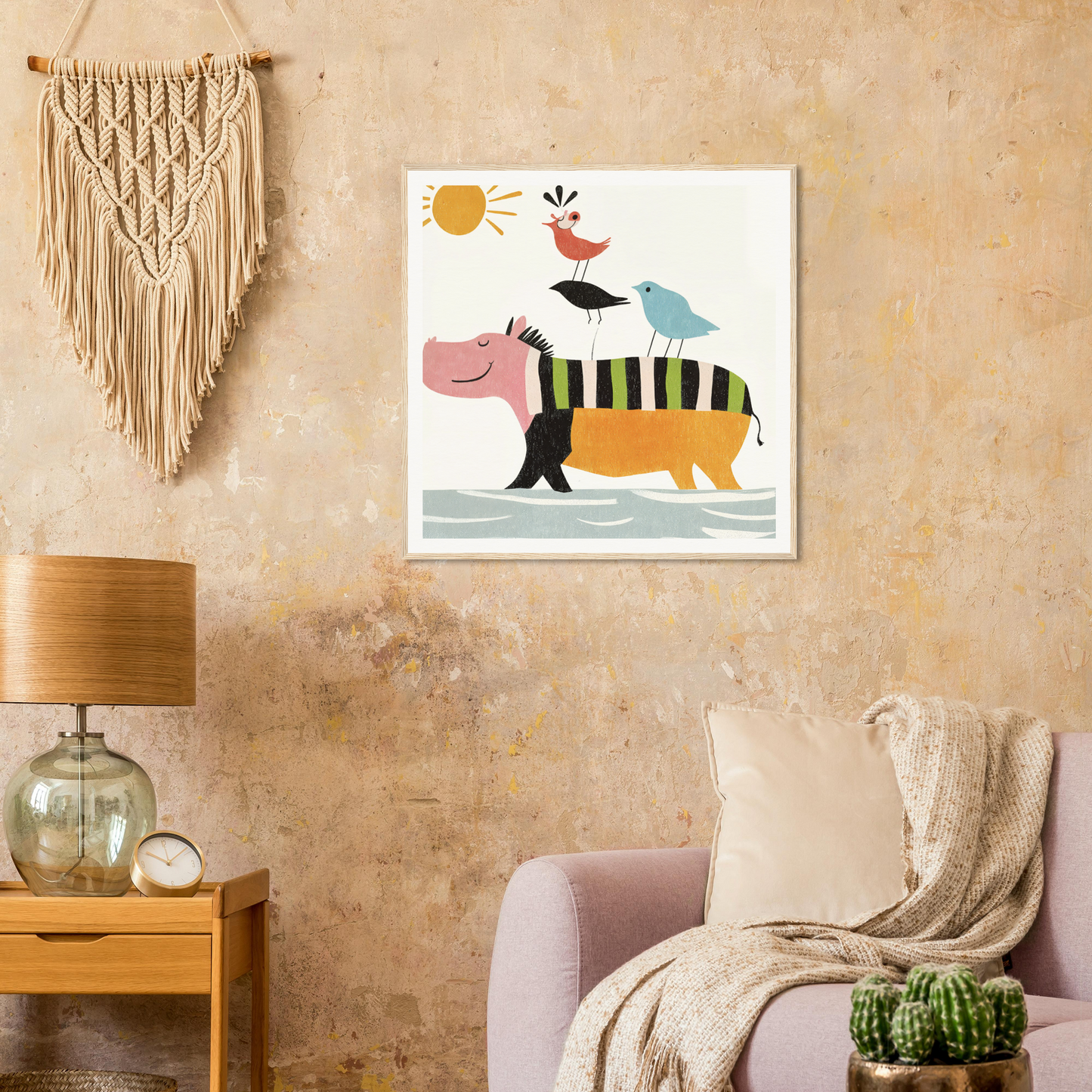 Whimsical hippo artwork with birds on a striped back in Aesthetic Animal Symphony
