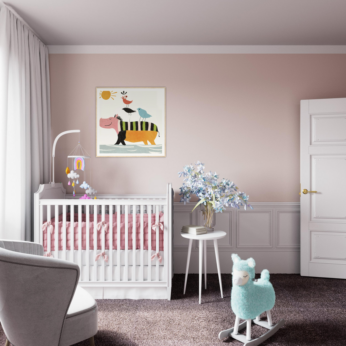 White wooden crib with pink bedding from Aesthetic Animal Symphony collection