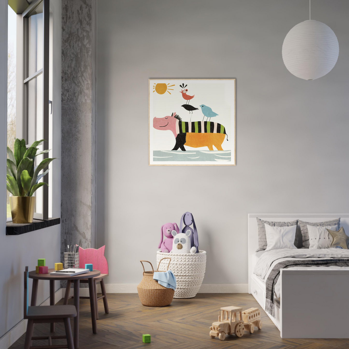 Modern bedroom featuring Aesthetic Animal Symphony with whimsical animal artwork on gray wall