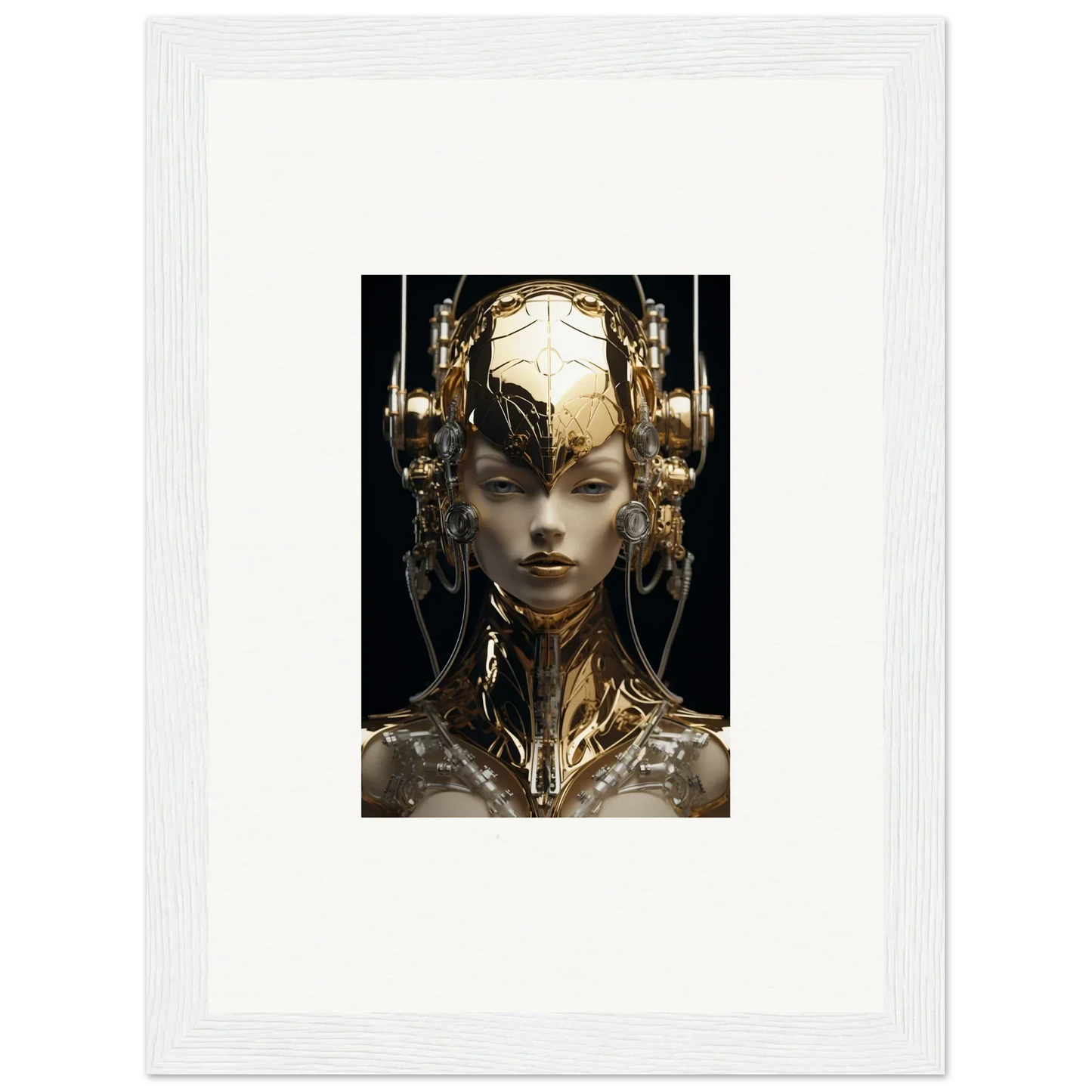 Futuristic humanoid figure with gold flourish features for stylish room decor and framed wall art