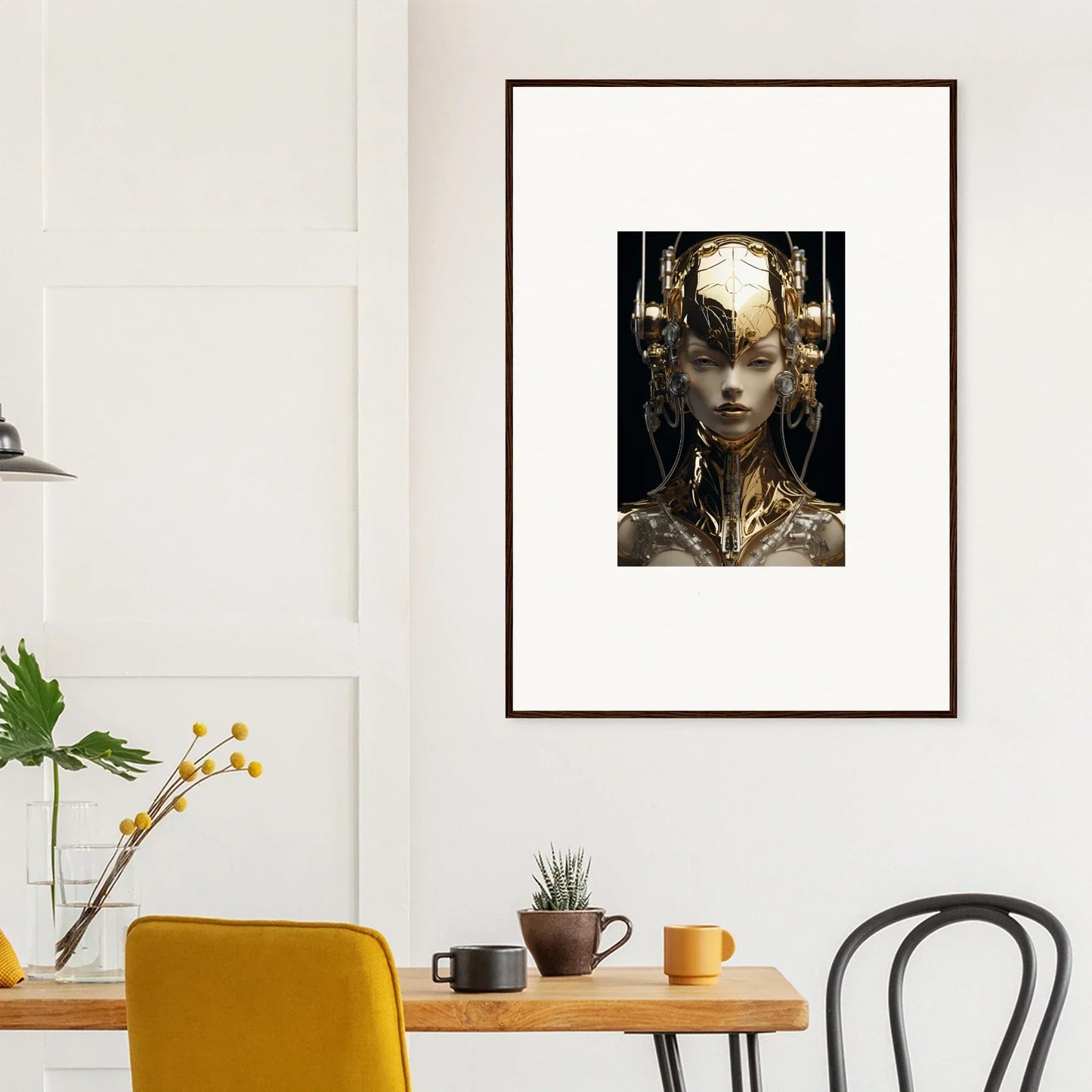 Framed wall art of a surreal gold flourish humanoid with a forest crown for room decor