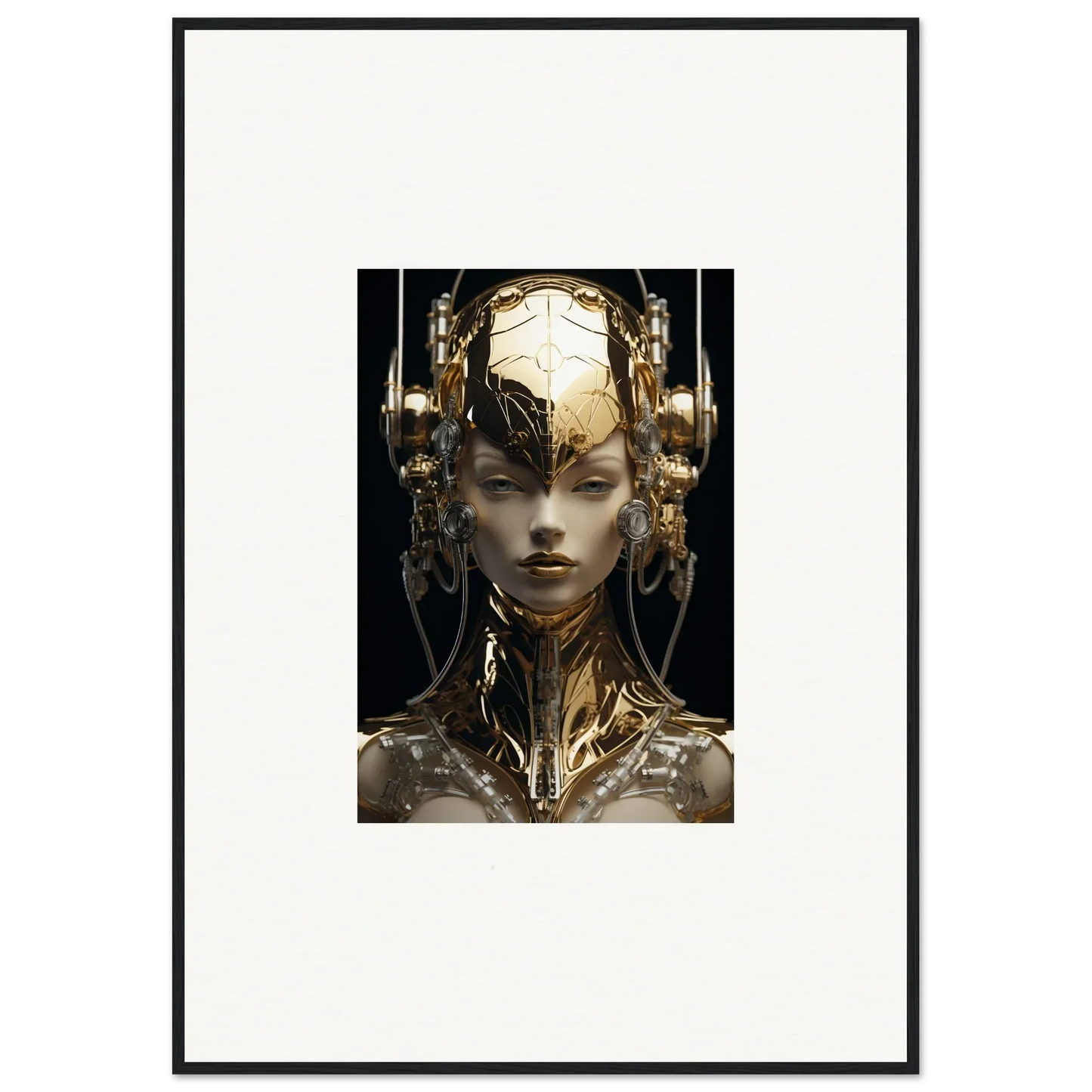 Futuristic cyborg with metallic and organic features in a gold flourish framed wall art