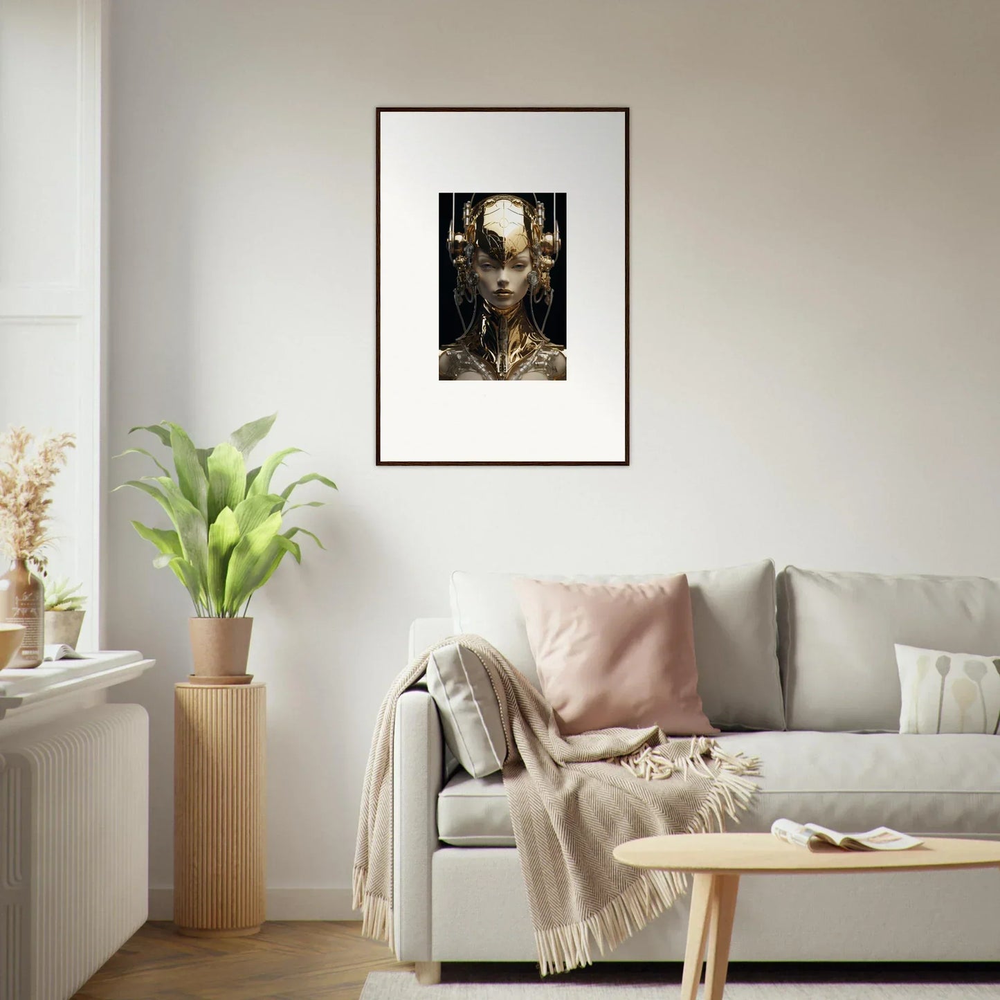 Framed wall art of a surreal biomechanical face, enhancing room decor with gold flourish