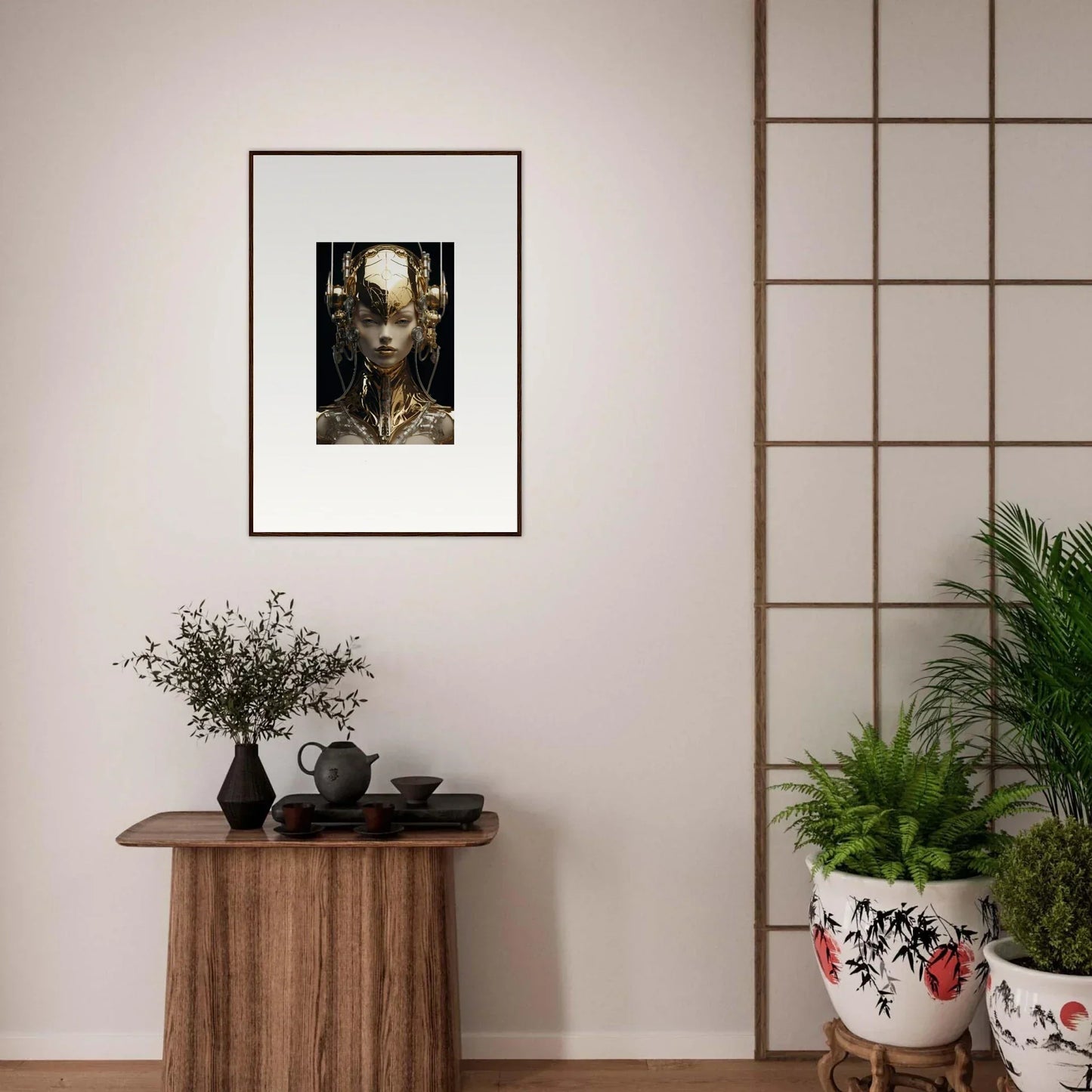 Framed surrealist wall art featuring a face with organic and mechanical gold flourish elements