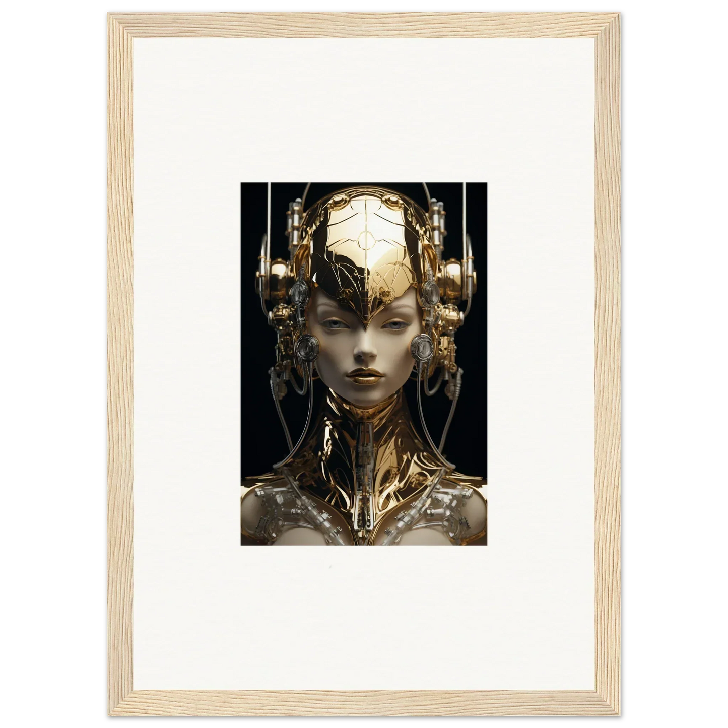 Futuristic portrait with gold flourish cybernetic features for modern room decor