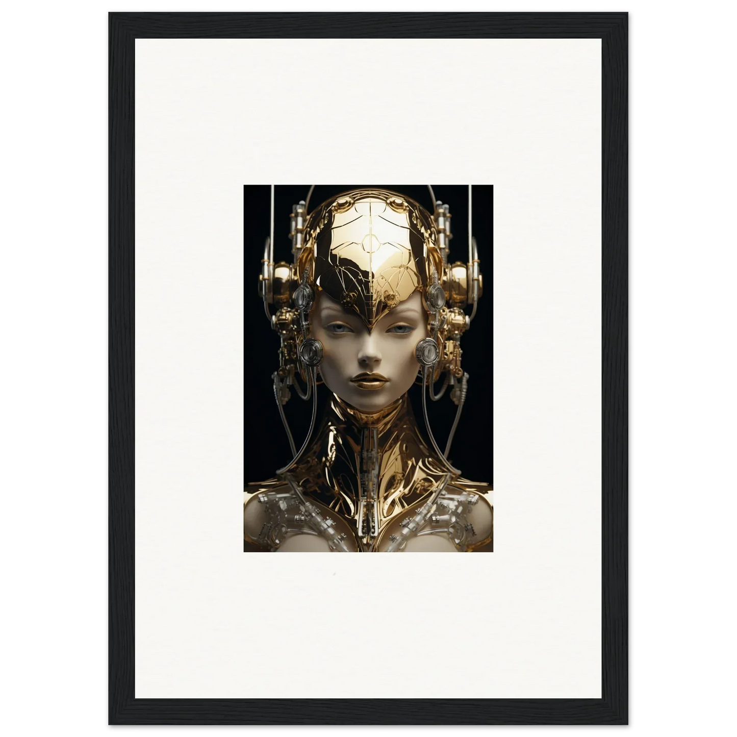 Framed wall art featuring a futuristic humanoid with gold flourish design for room decor