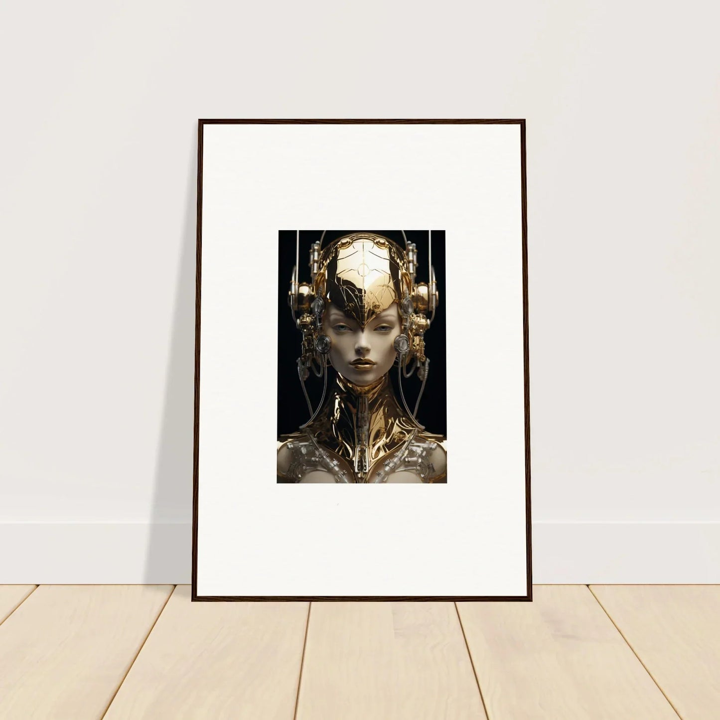 Framed wall art featuring a golden humanoid figure for modern room decor