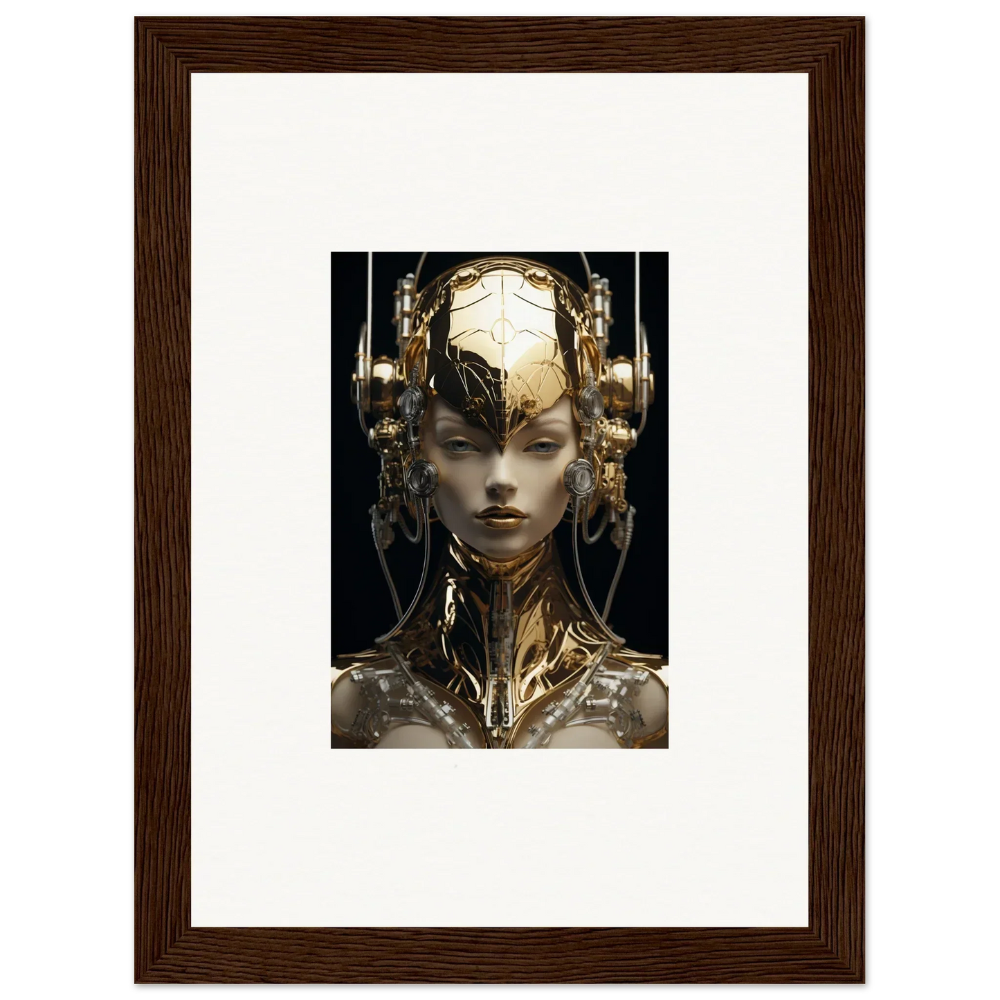 Futuristic portrait with gold flourish cybernetic features for striking room decor