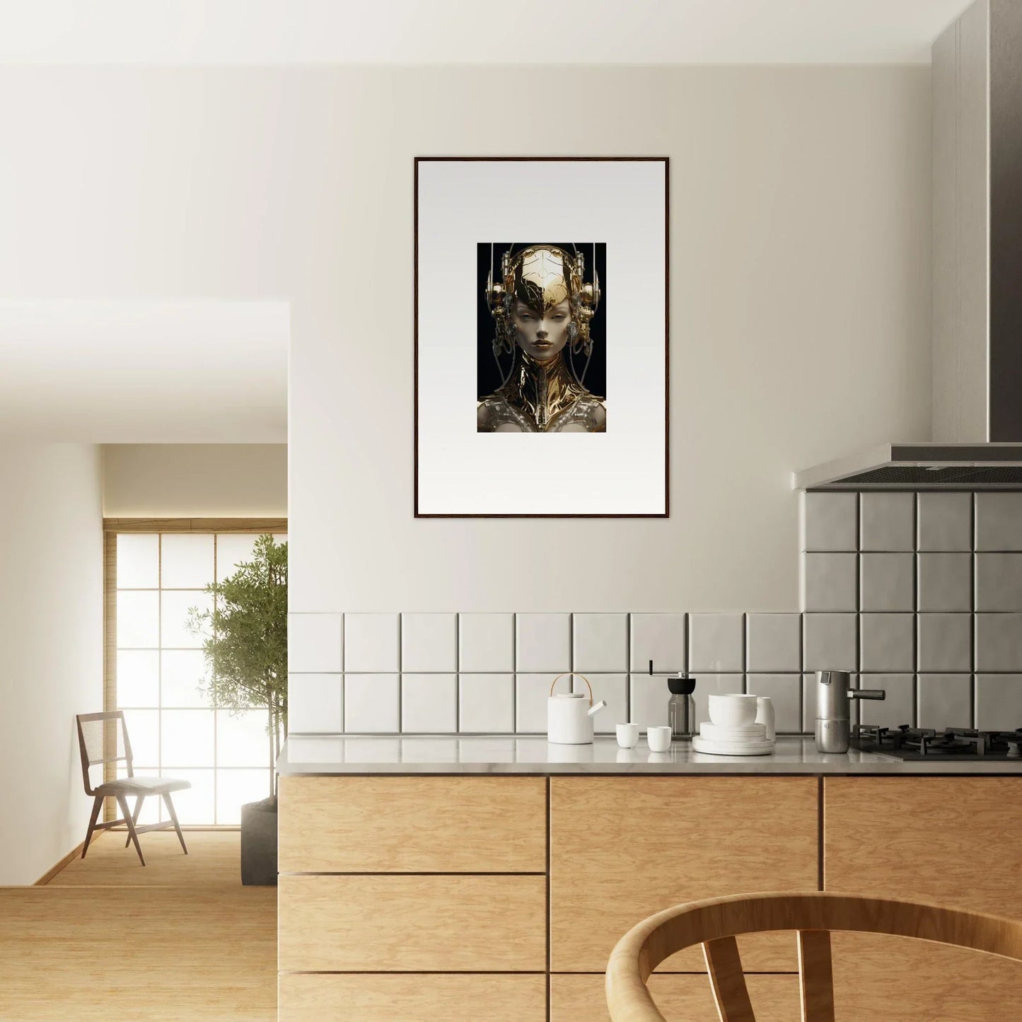 Surreal framed wall art with gold flourish design enhancing modern room decor