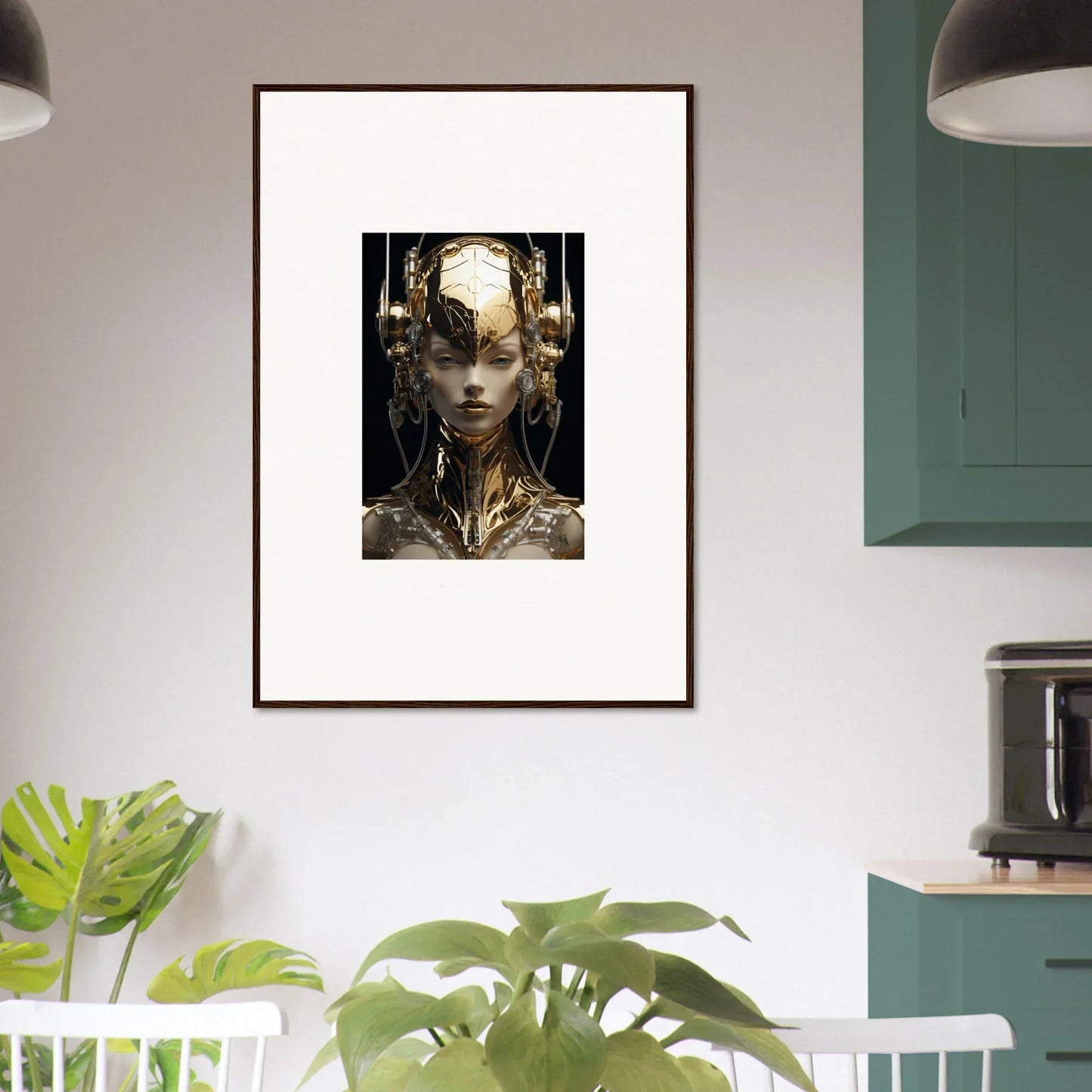 Framed wall art of a surreal golden robotic figure for elegant room decor