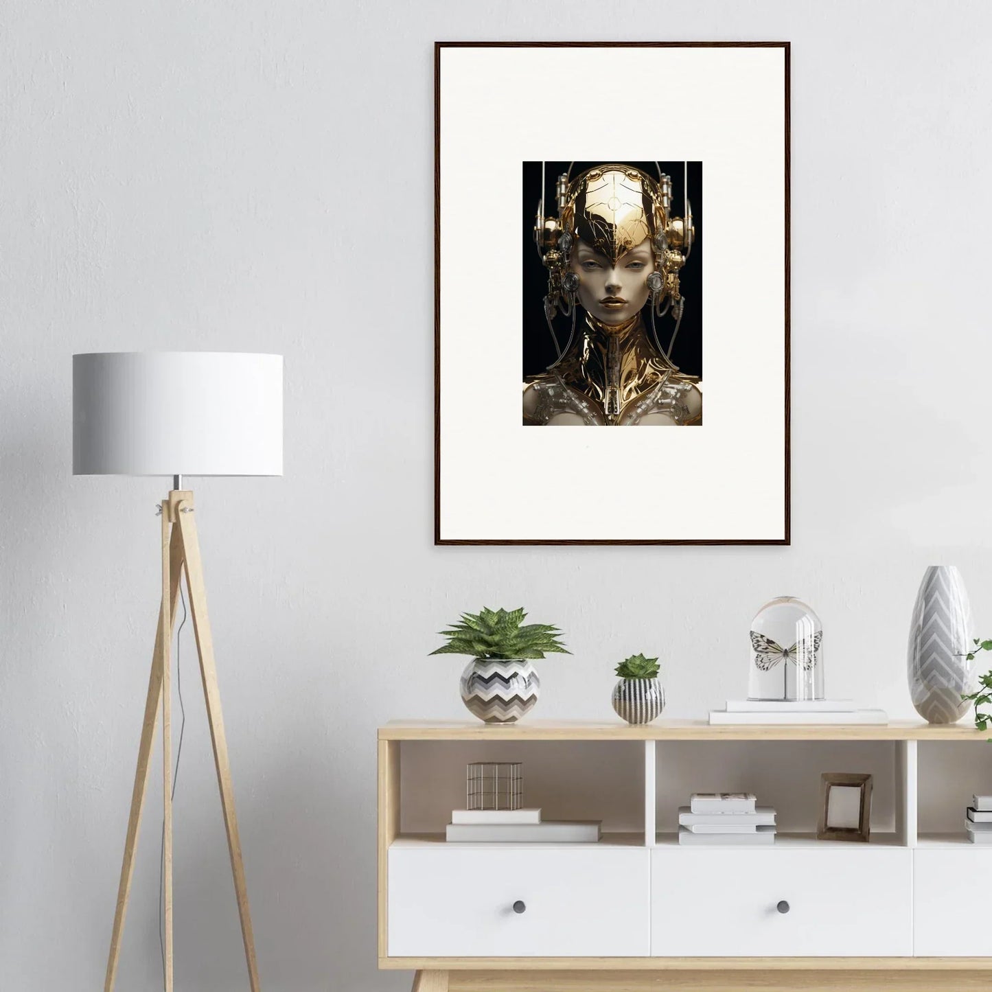 Surreal framed wall art featuring a golden humanoid figure for stylish room decor