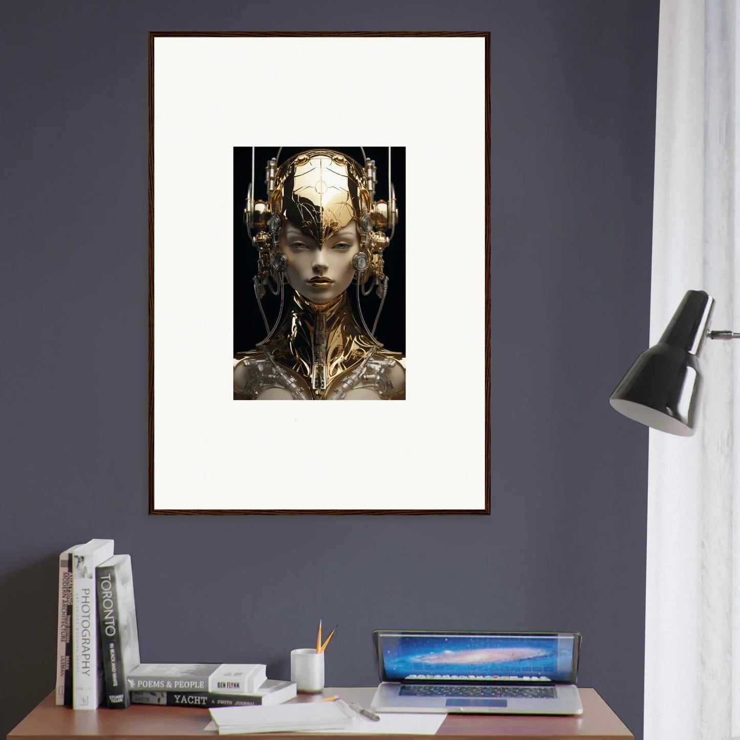 Framed wall art featuring a futuristic golden humanoid figure for gold flourish room decor