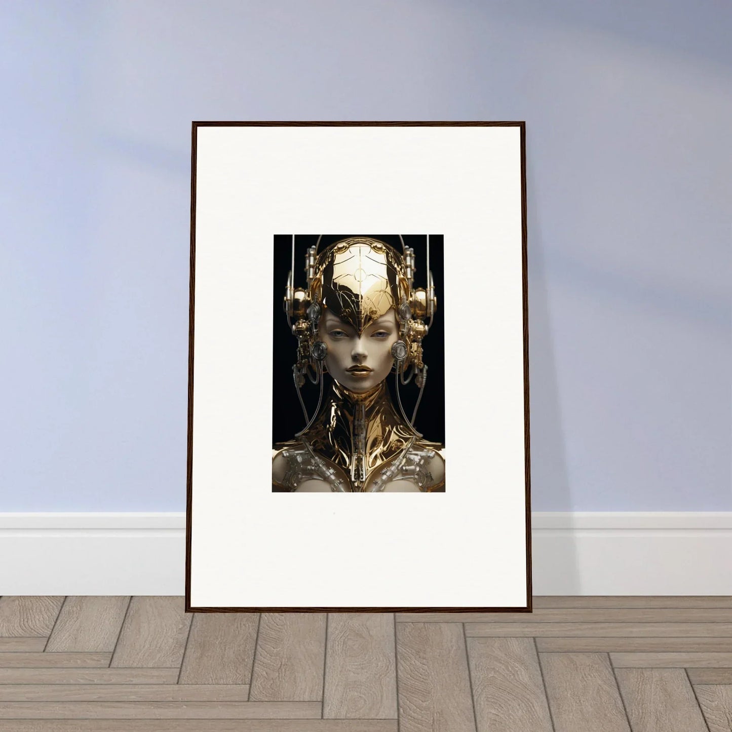Framed wall art featuring a surreal golden humanoid with ornate headdress, gold flourish