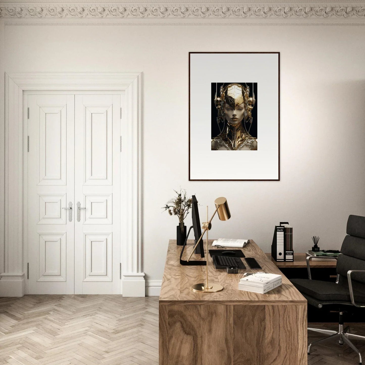 Elegant home office with wooden desk, gold flourish decor, and framed wall art