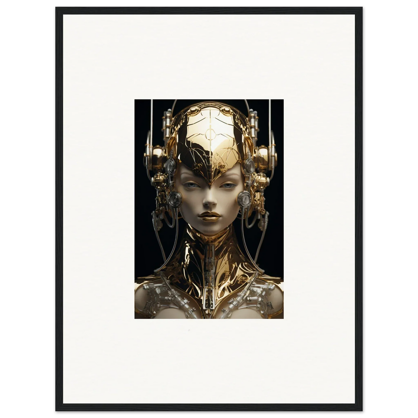 Futuristic humanoid figure with gold flourish cybernetic features for room decor