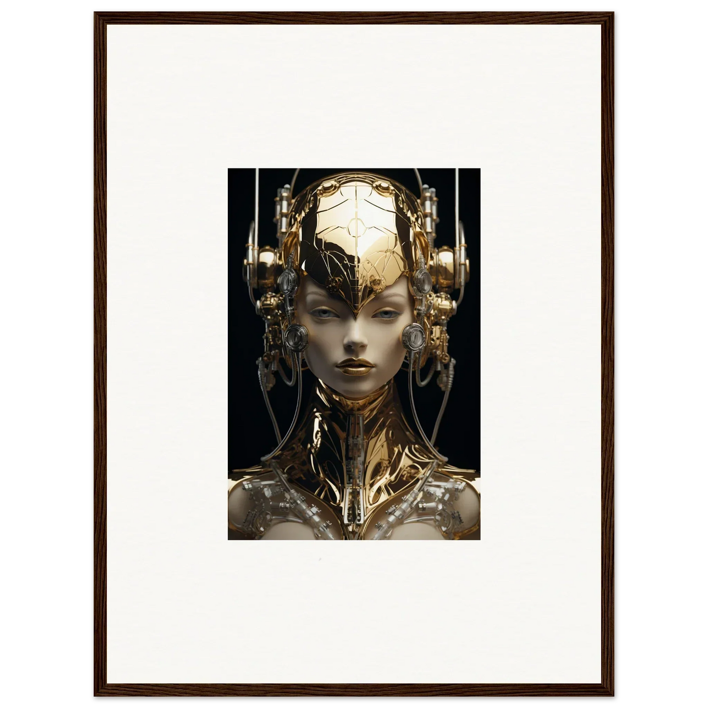 Futuristic humanoid figure with gold flourish cybernetic features for room decor