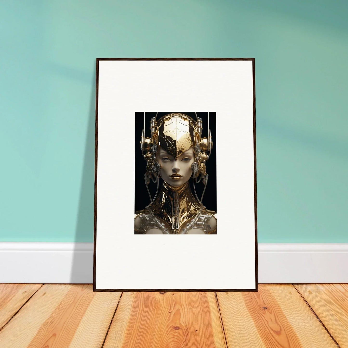 Framed wall art featuring a cybernetic humanoid in a gold flourish design for room decor