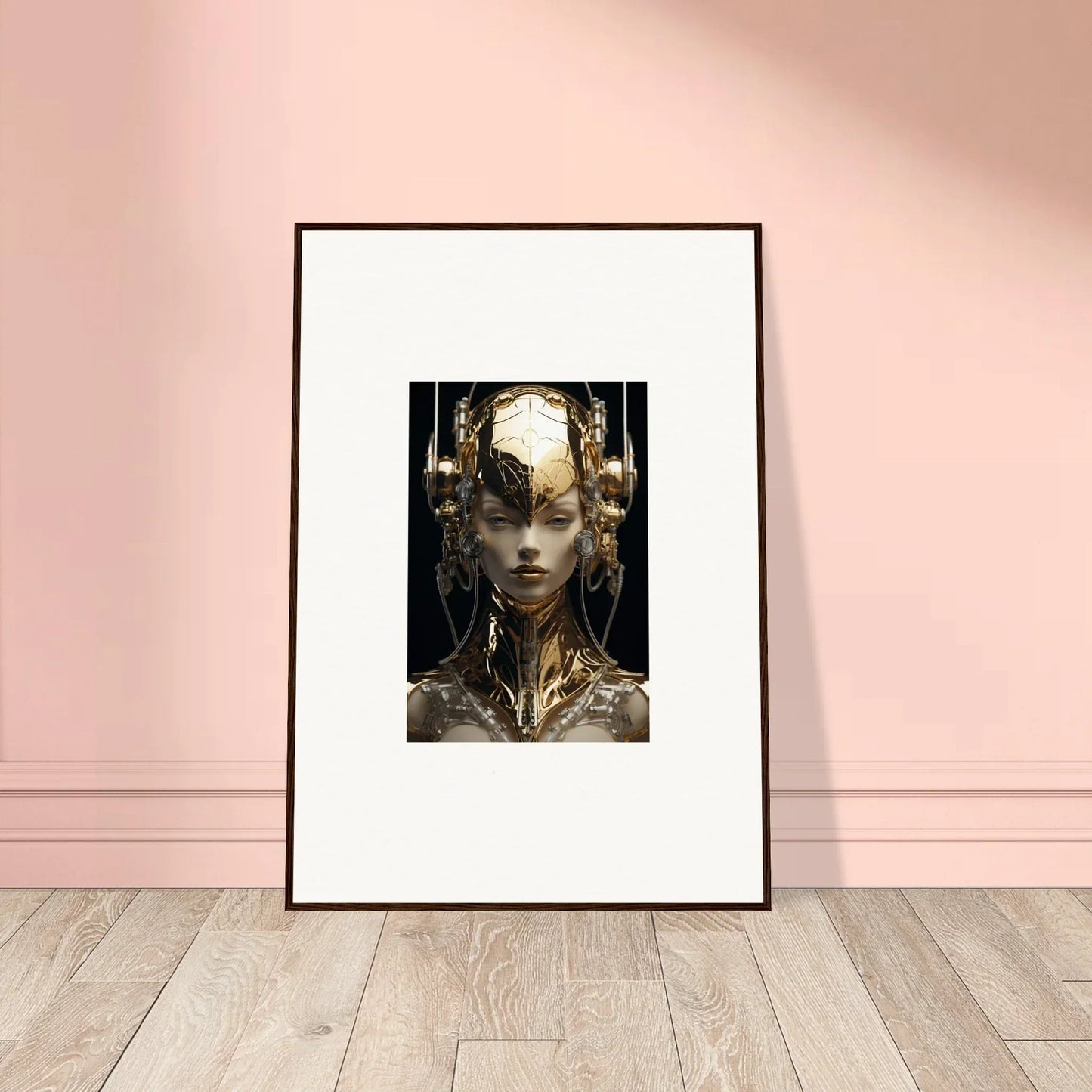 Surreal framed wall art featuring a gold flourish with metallic and organic elements