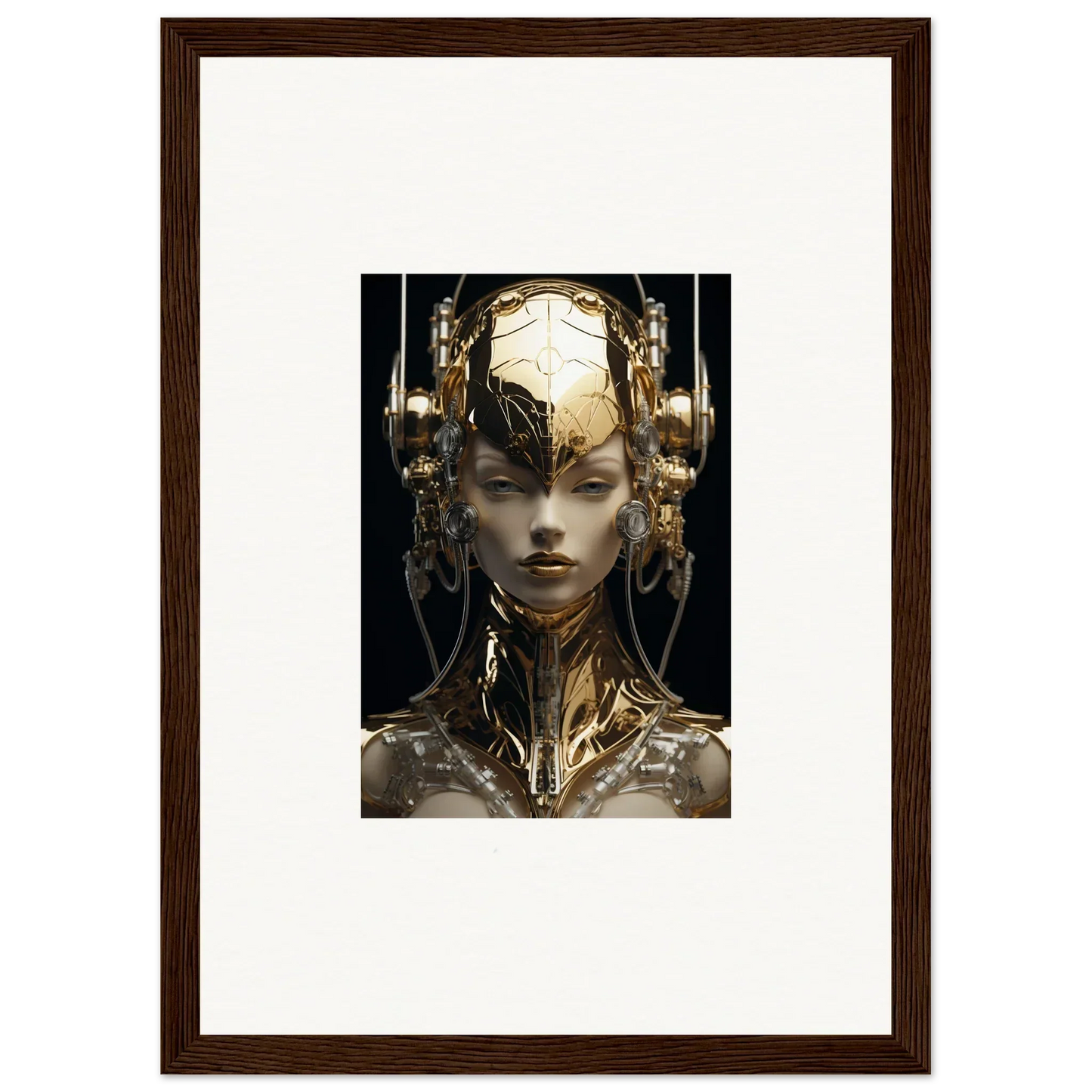 Framed wall art of a futuristic humanoid in gold flourish, ideal for unique room decor