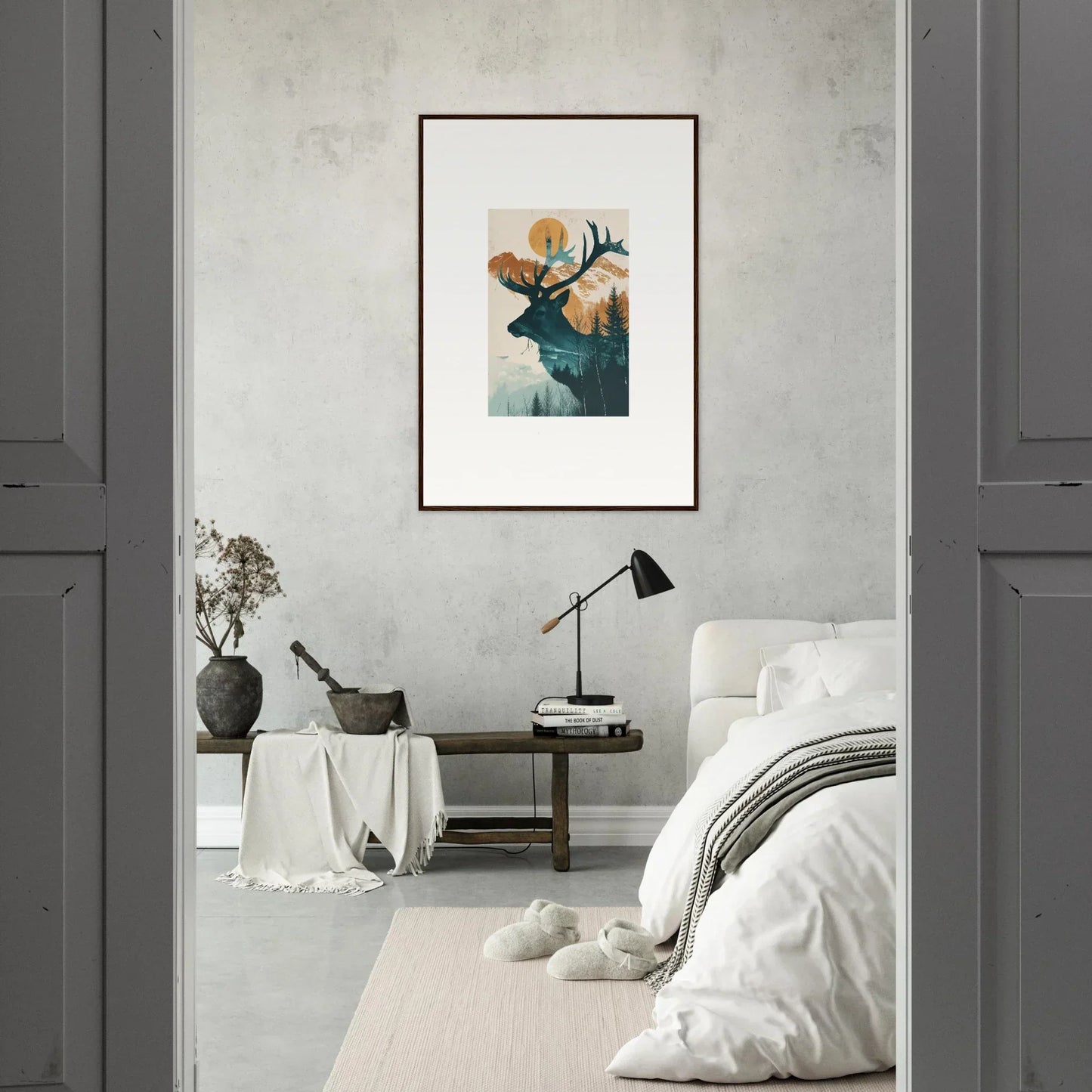 Framed canvas print of a deer silhouette with colorful elements for room decoration