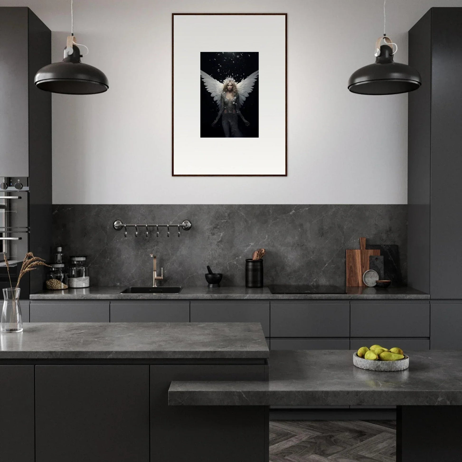 Modern sleek kitchen with dark gray cabinetry, perfect for emotion surge room decor