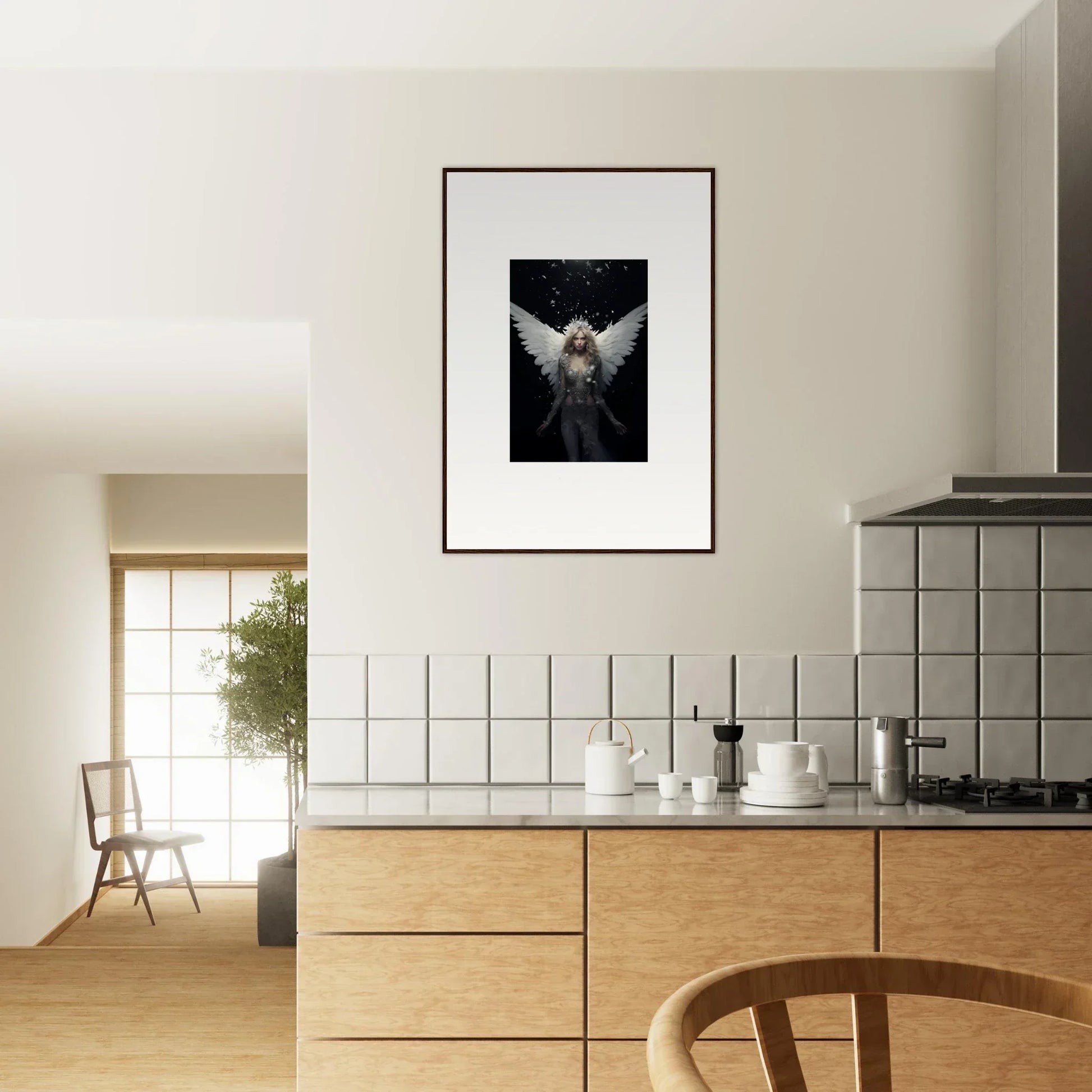 Framed black and white wall art of an angel figure, perfect for emotion surge room decor