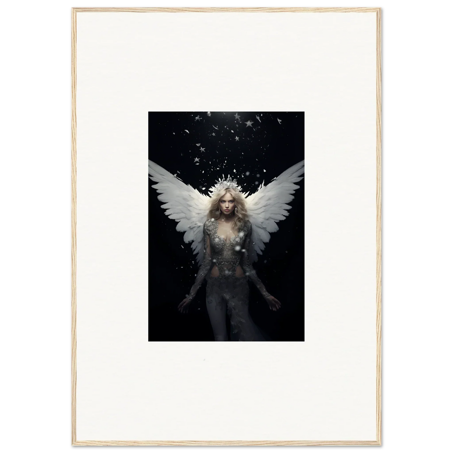Ethereal winged figure with long hair creating an emotion surge in room decor wall art