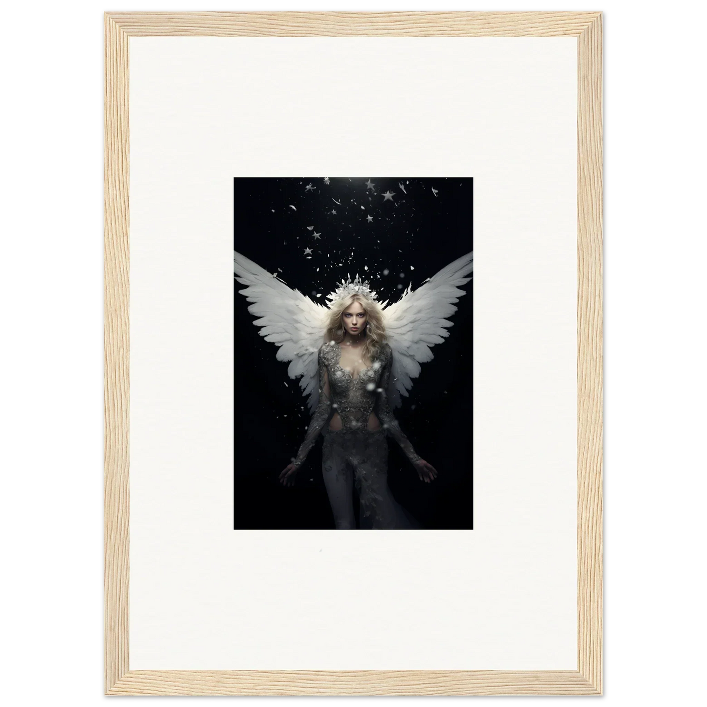 Ethereal winged figure with glowing white hair for emotion surge room decor wall art