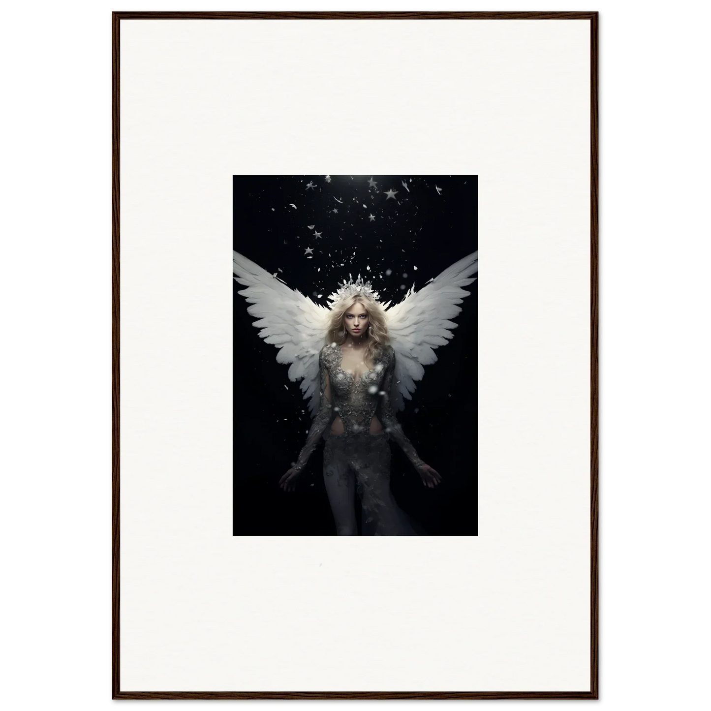 Ethereal winged figure with long hair for emotion surge room decor framed wall art