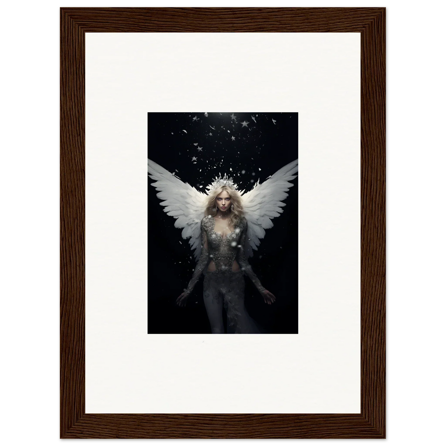 Ethereal winged figure with glowing hair, perfect for emotion surge room decor