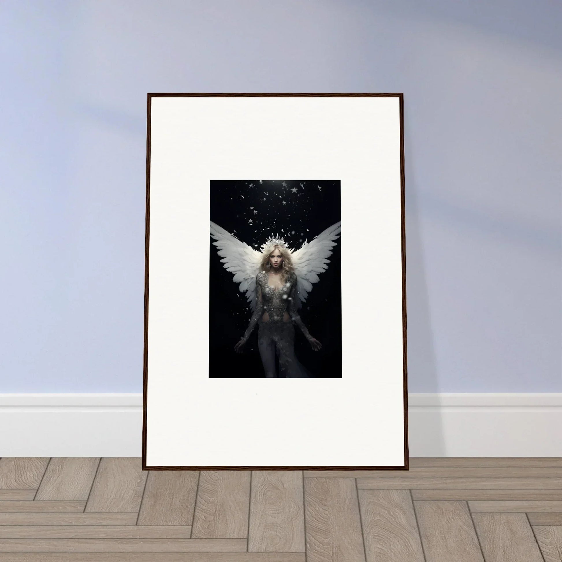 Framed wall art featuring an angelic figure symbolizes emotion surge in stylish room decor