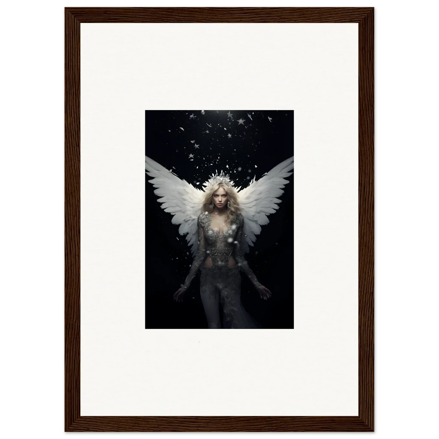 Ethereal winged figure with glowing hair, perfect for emotion surge room decor