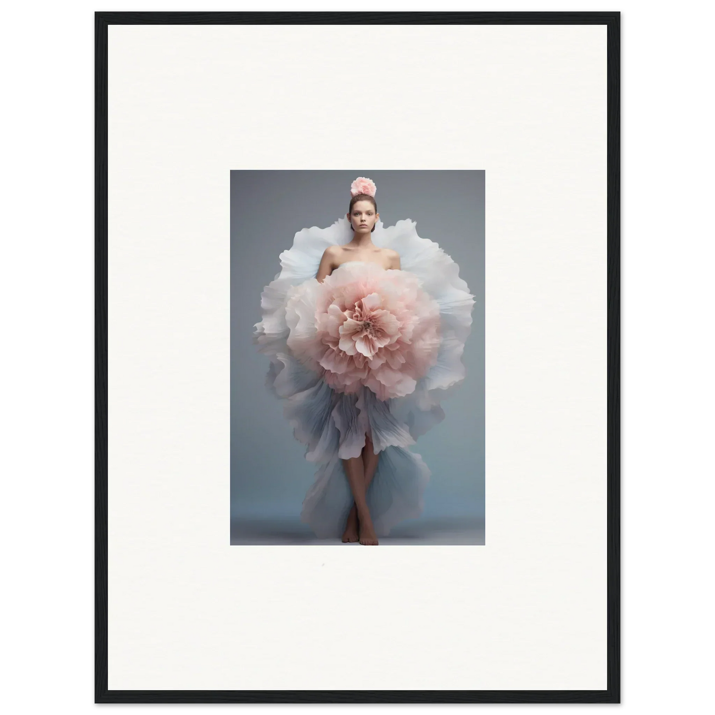 Ethereal pink and white ruffled tulle gown in Astral Petal Whispers wall art