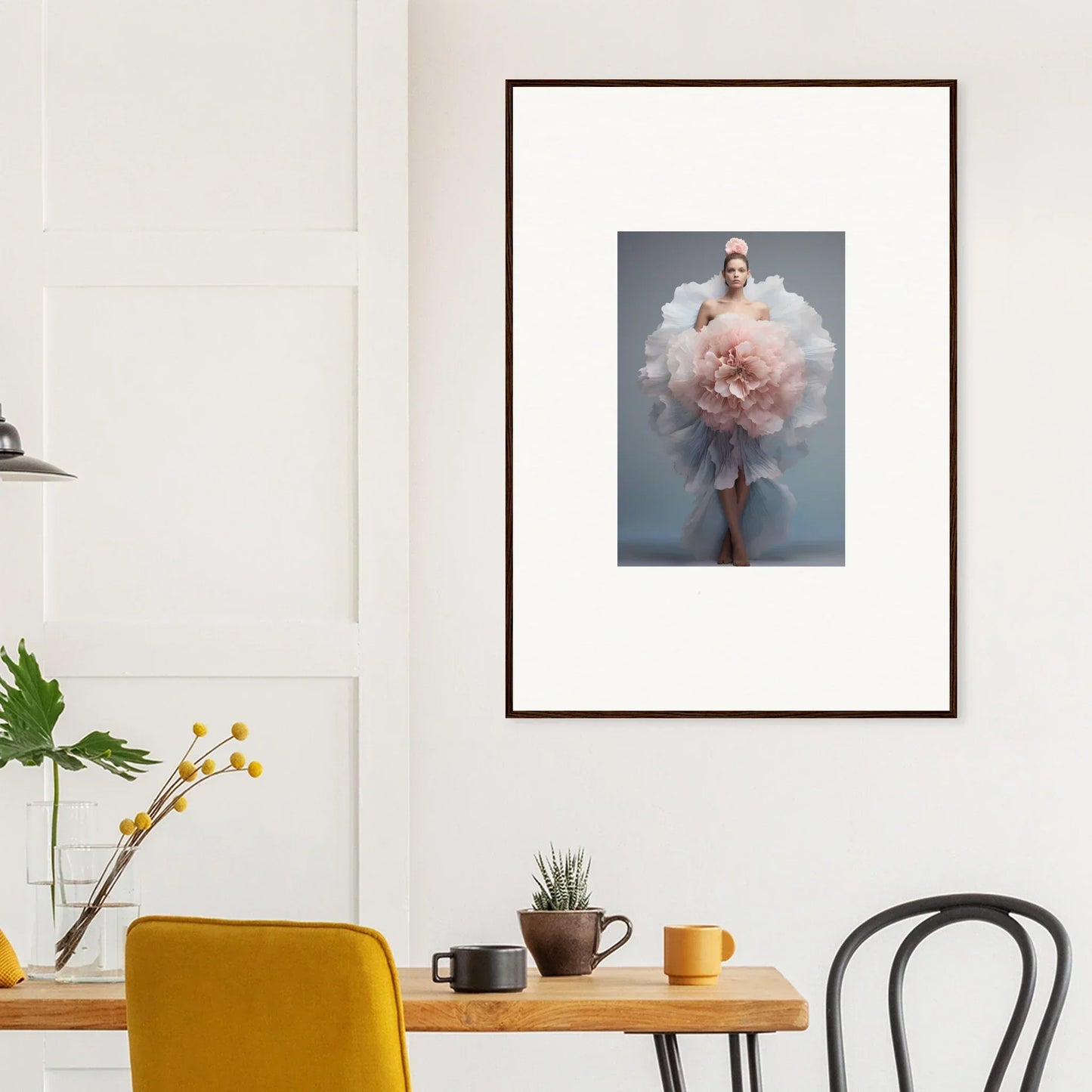 Framed wall art of Astral Petal Whispers with a figure in soft pink tulle cloud