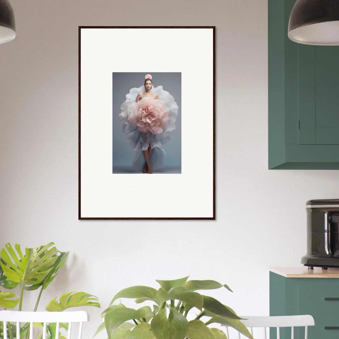 Framed wall art of Astral Petal Whispers featuring a figure in pink tulle fabric