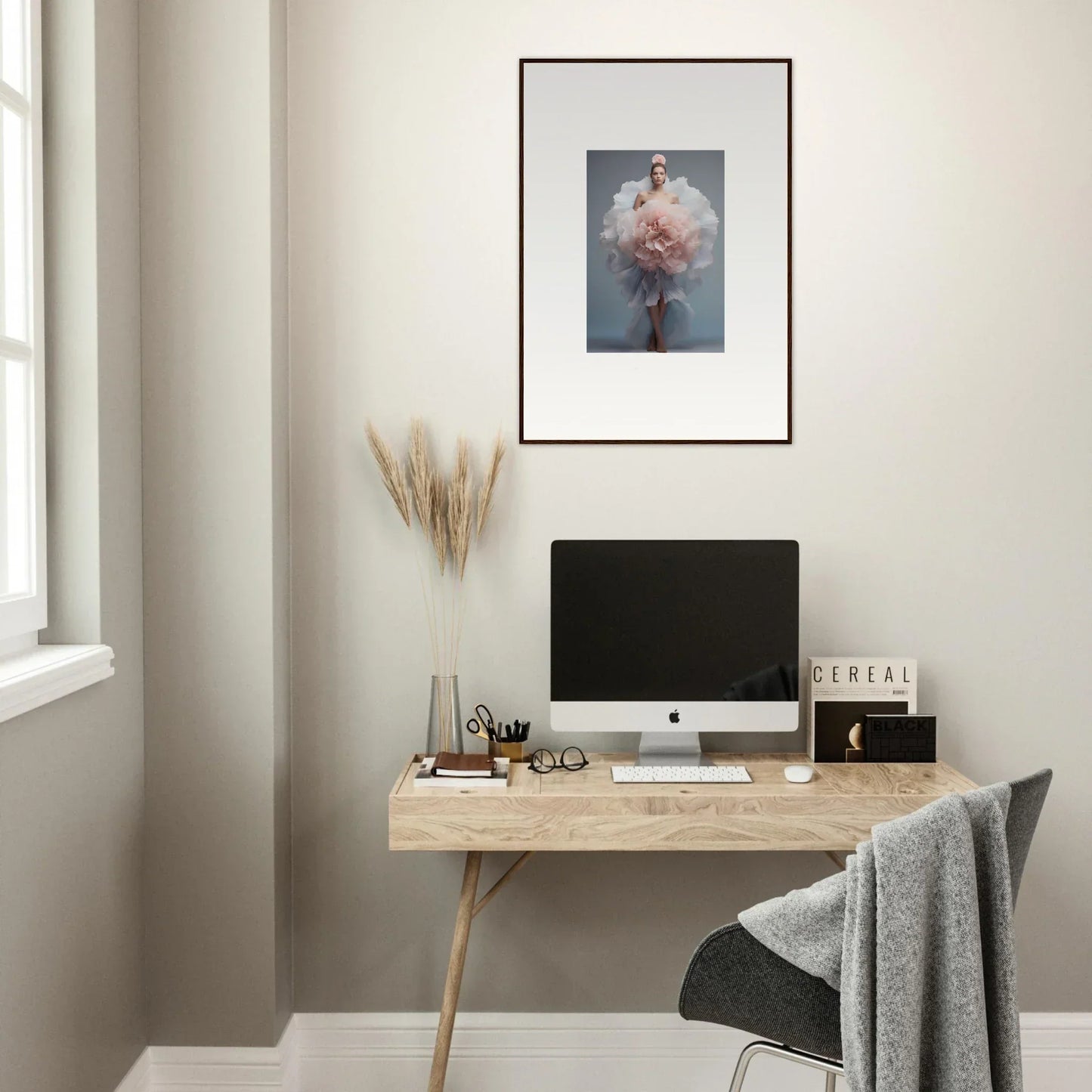 Minimalist wooden desk with iMac and decor showcasing Astral Petal Whispers