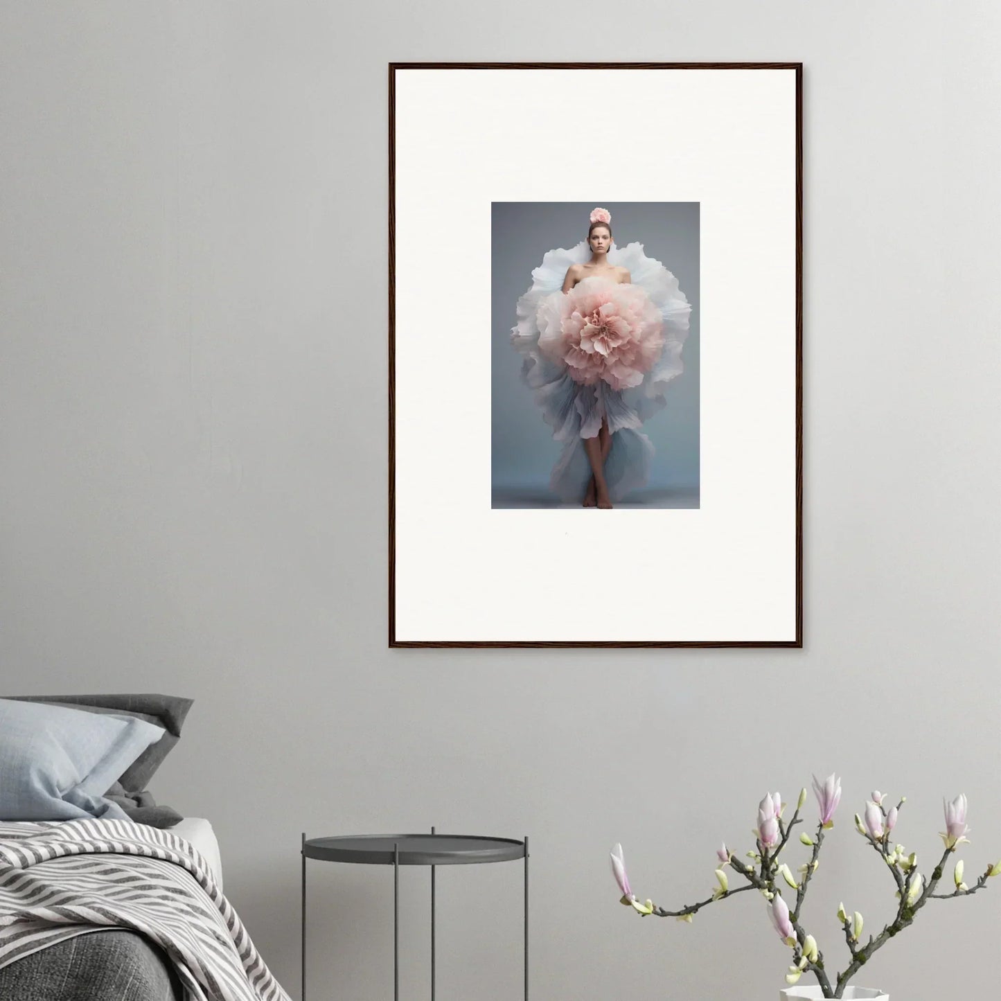 Framed wall art of Astral Petal Whispers features a figure in a pink tulle dress