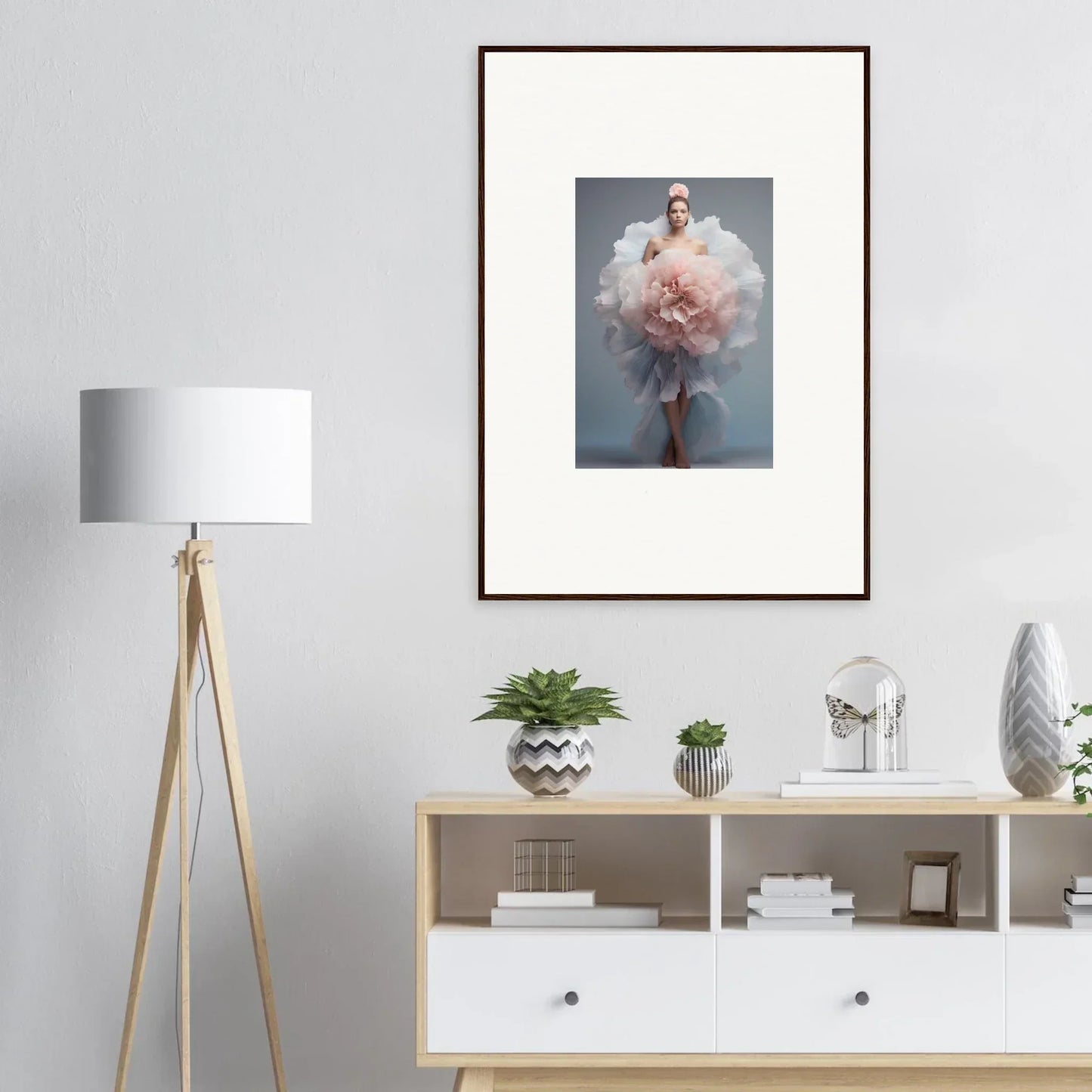Modern white sideboard with open shelving and drawers from Astral Petal Whispers collection
