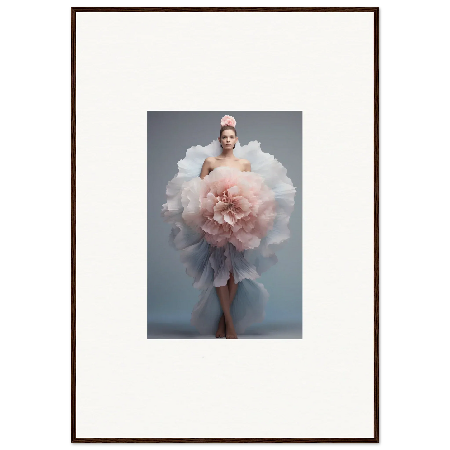 Ethereal dress in Astral Petal Whispers art, featuring pink and white tulle layers