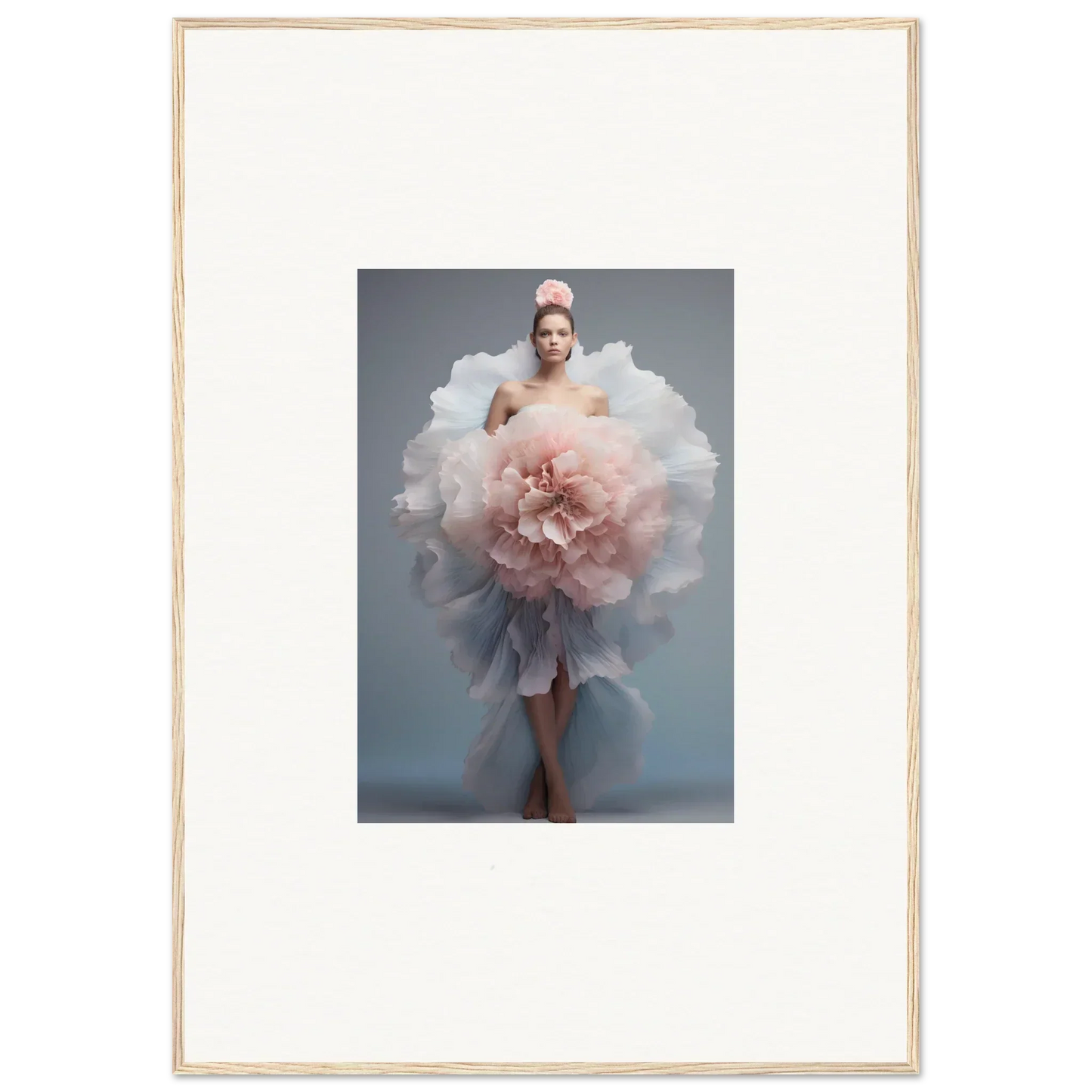 Framed wall art of Astral Petal Whispers features a pink and white tulle gown like a flower
