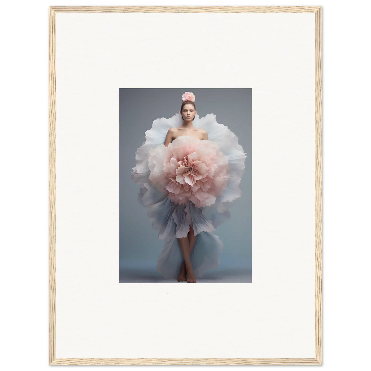 Framed wall art of Astral Petal Whispers featuring a stunning pink and white ruffled dress